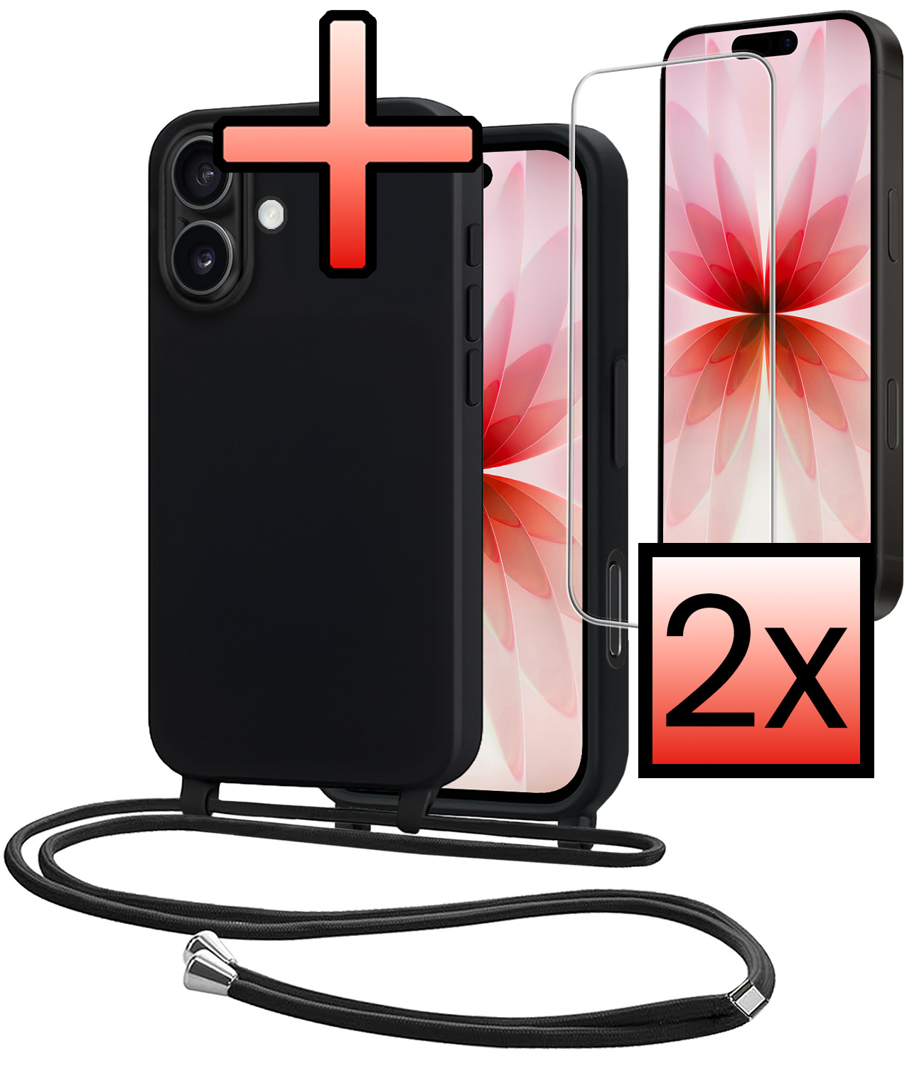 NoXx NoXx iPhone 17 Hoesje met Koord Met 2x Screenprotector - Zwart