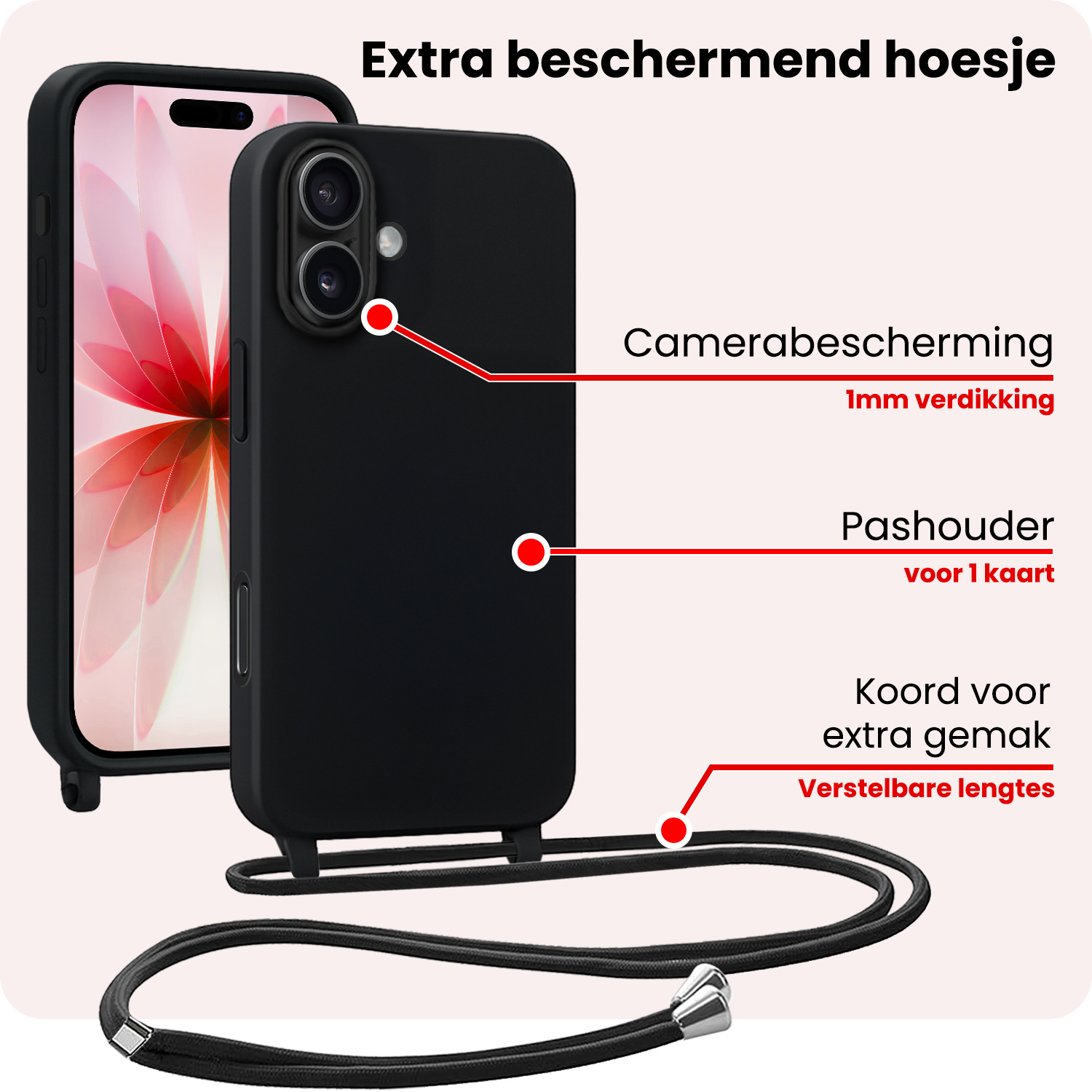 NoXx NoXx iPhone 17 Hoesje met Koord Met 2x Screenprotector - Zwart