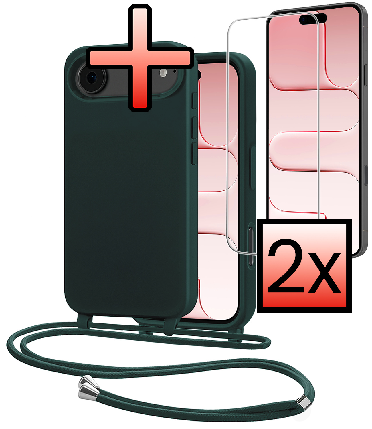 NoXx NoXx iPhone Air Hoesje met Koord Met 2x Screenprotector - Donkergroen