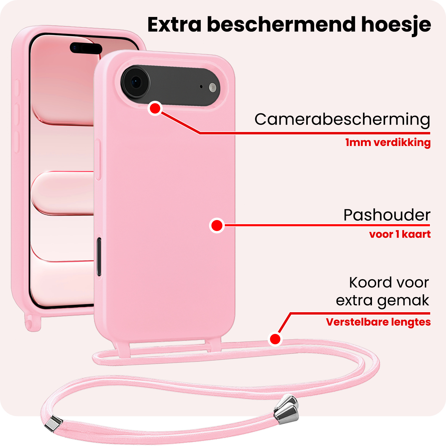NoXx NoXx iPhone Air Hoesje met Koord Met Screenprotector - Lichtroze