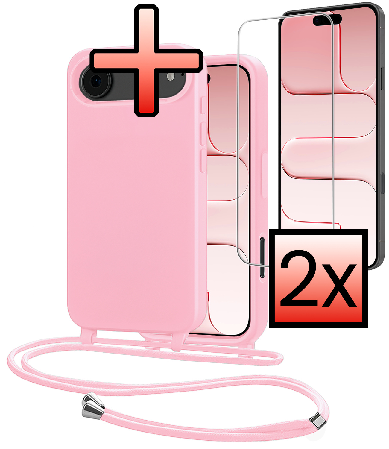 NoXx NoXx iPhone Air Hoesje met Koord Met 2x Screenprotector - Lichtroze
