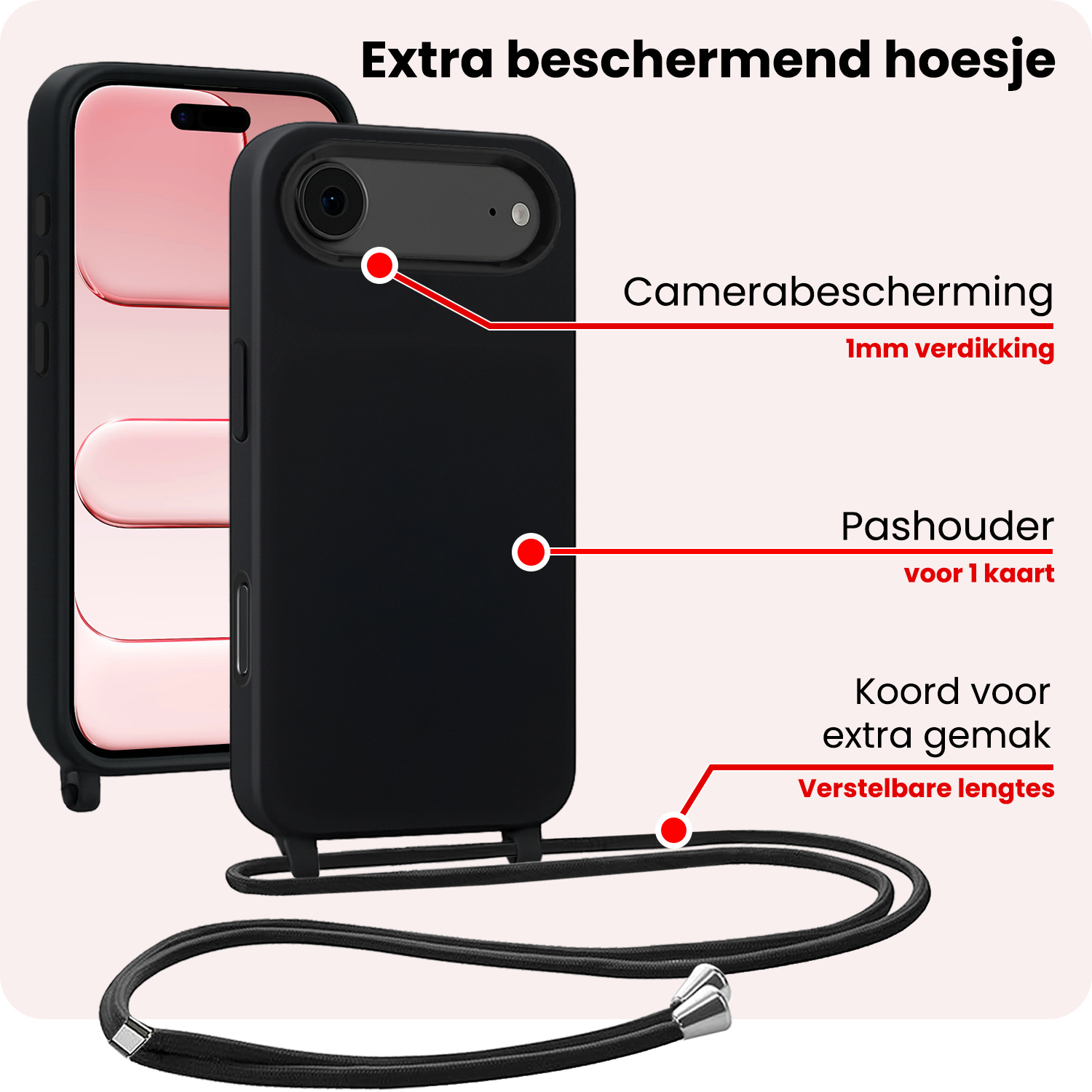 NoXx NoXx iPhone Air Hoesje met Koord Met Screenprotector - Zwart