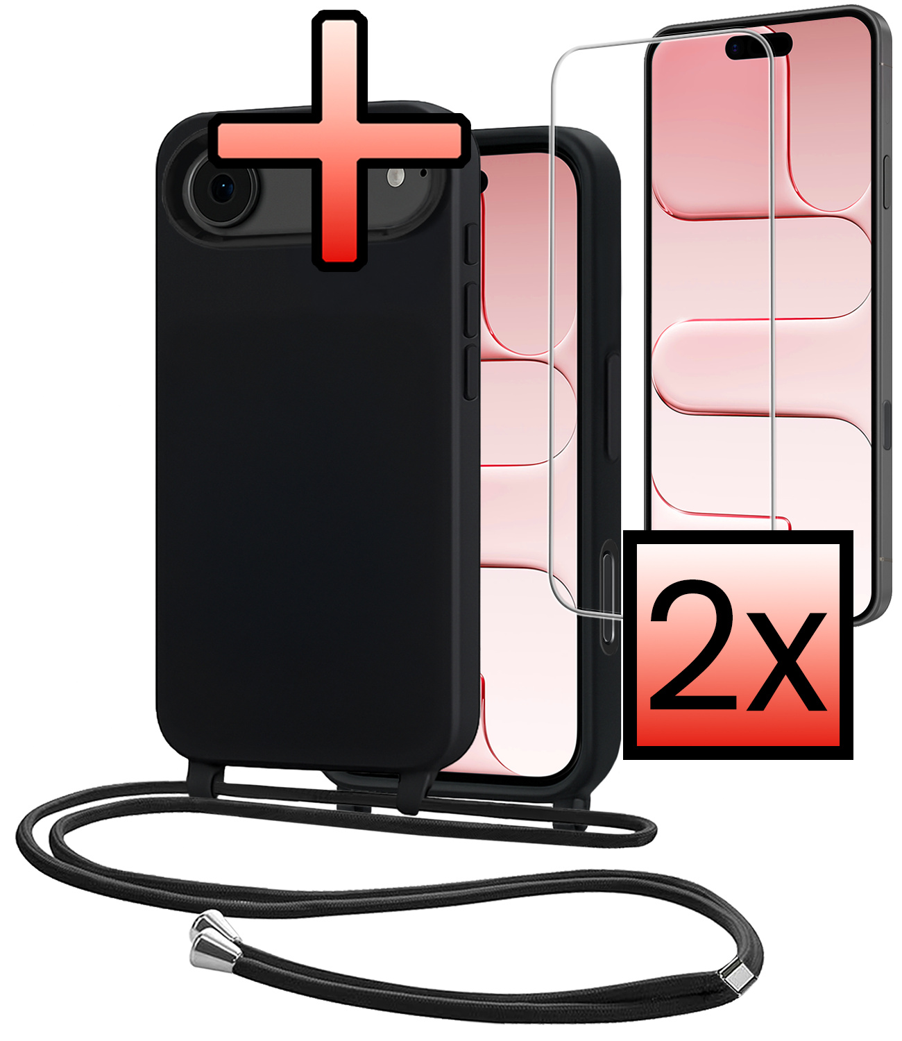 NoXx NoXx iPhone Air Hoesje met Koord Met 2x Screenprotector - Zwart
