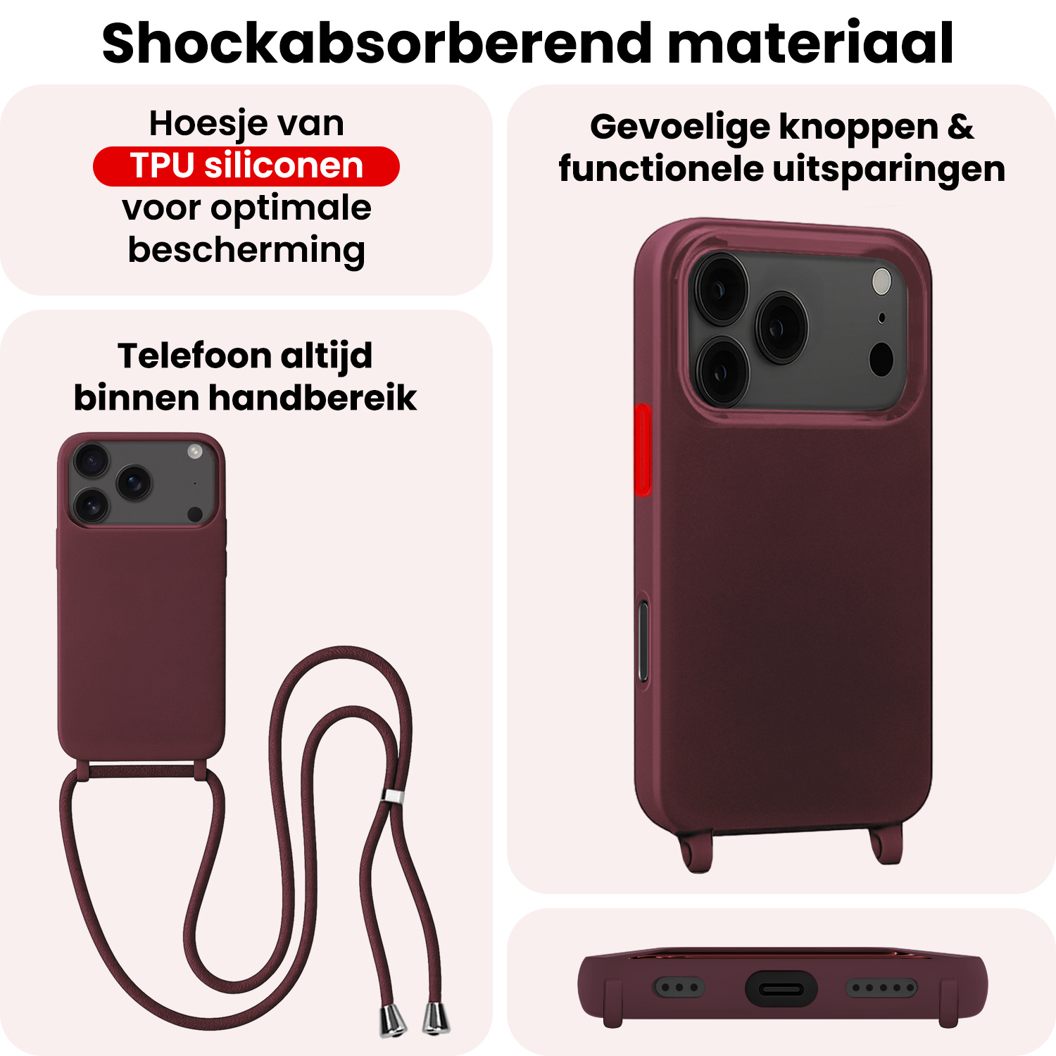 NoXx NoXx iPhone 17 Pro Hoesje met Koord Met Screenprotector - Aubergine