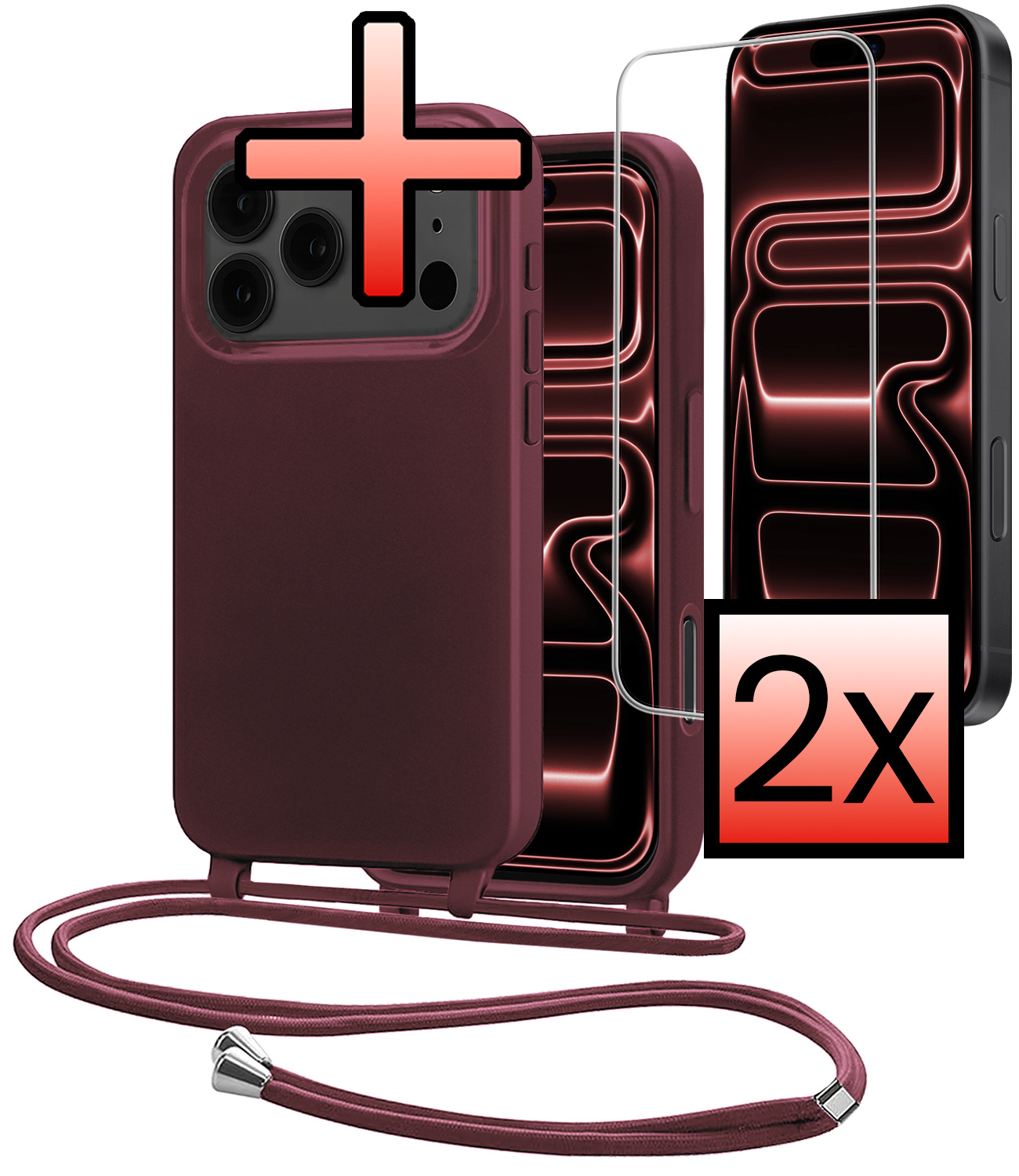 NoXx NoXx iPhone 17 Pro Hoesje met Koord Met 2x Screenprotector - Aubergine