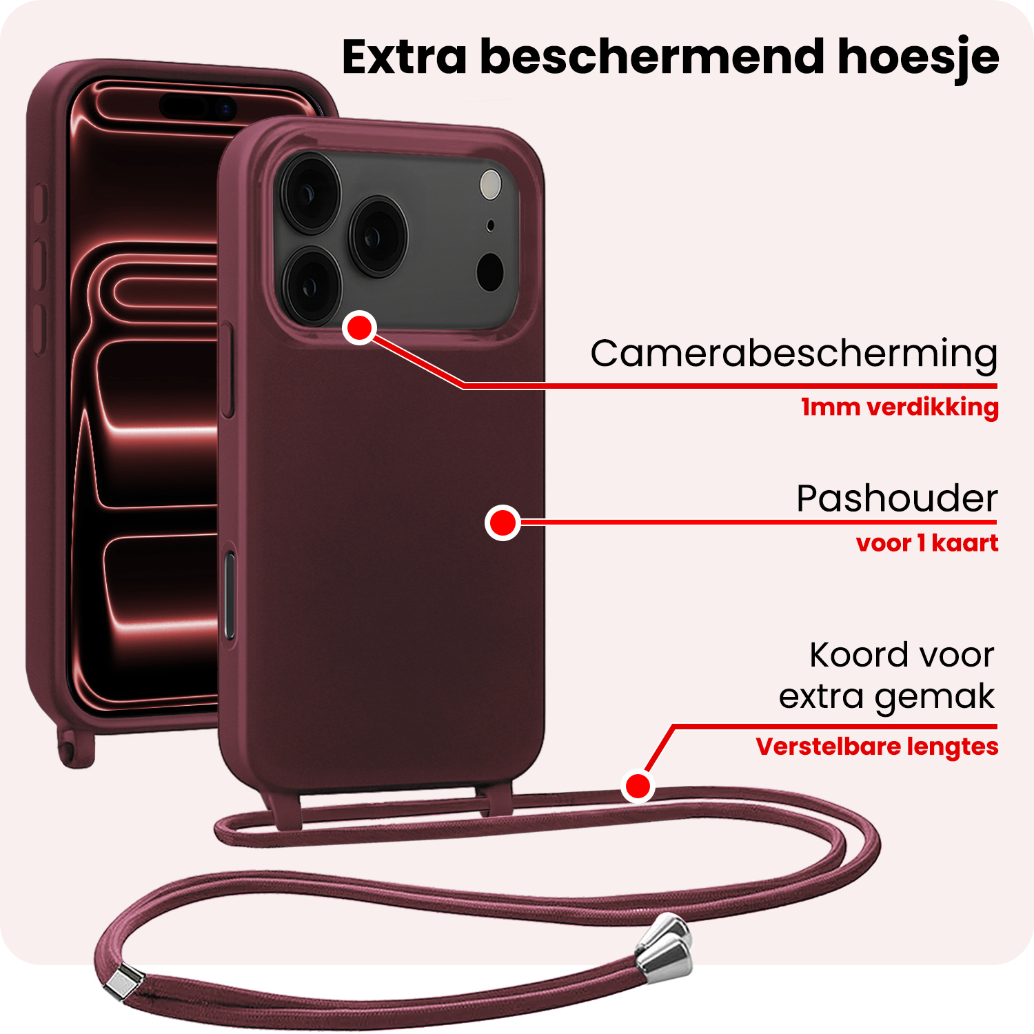NoXx NoXx iPhone 17 Pro Hoesje met Koord Met 2x Screenprotector - Aubergine