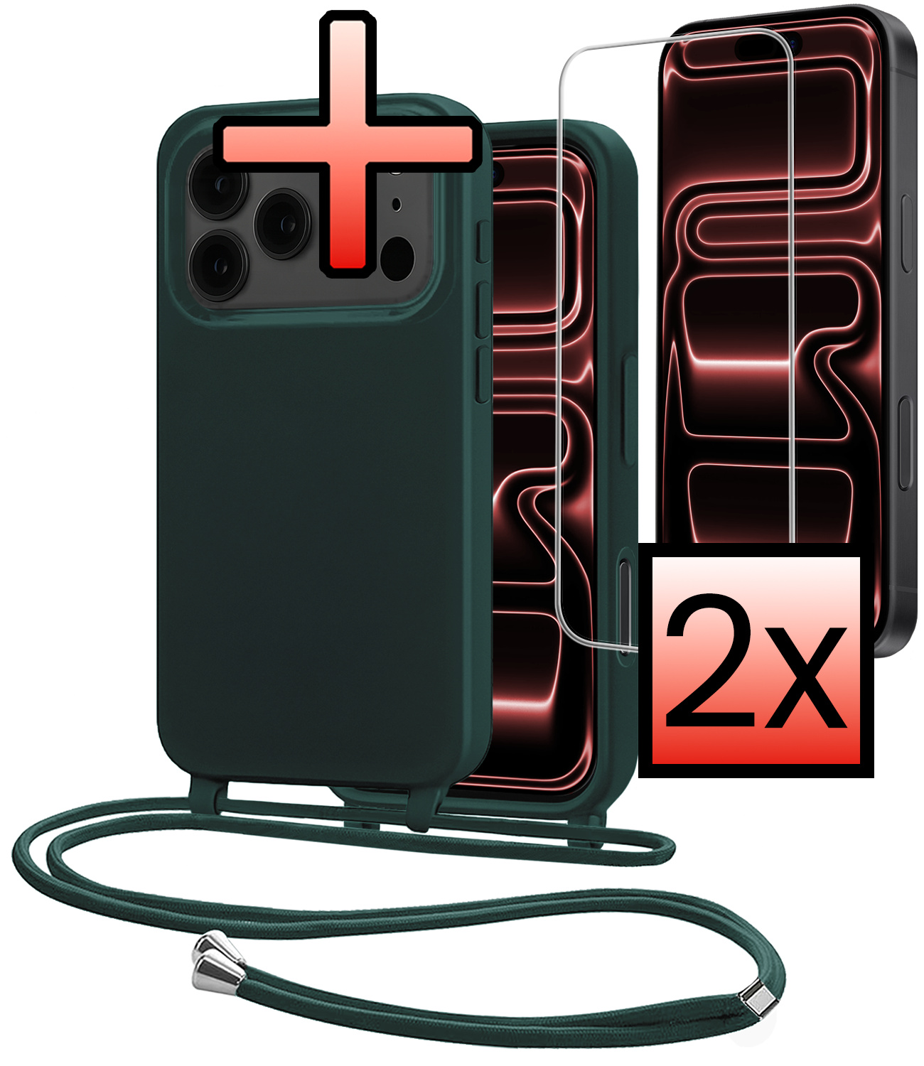 NoXx NoXx iPhone 17 Pro Hoesje met Koord Met 2x Screenprotector - Donkergroen