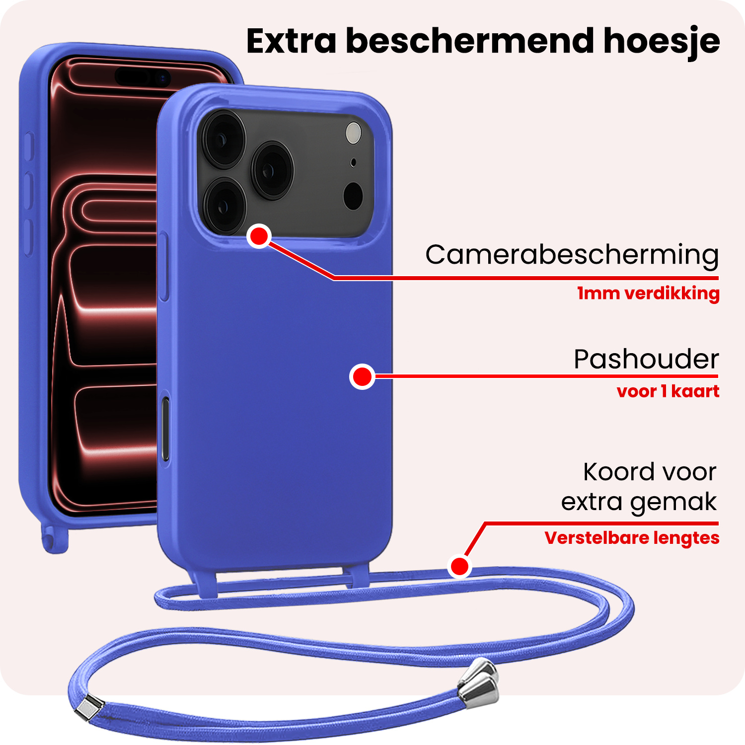 NoXx NoXx iPhone 17 Pro Hoesje met Koord - Fel Blauw - 2 PACK