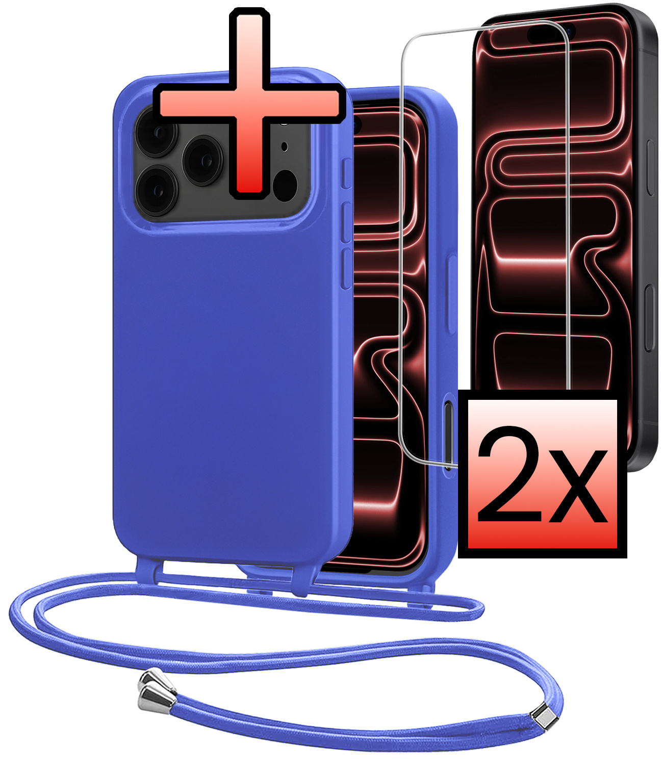 NoXx NoXx iPhone 17 Pro Hoesje met Koord Met 2x Screenprotector - Fel Blauw