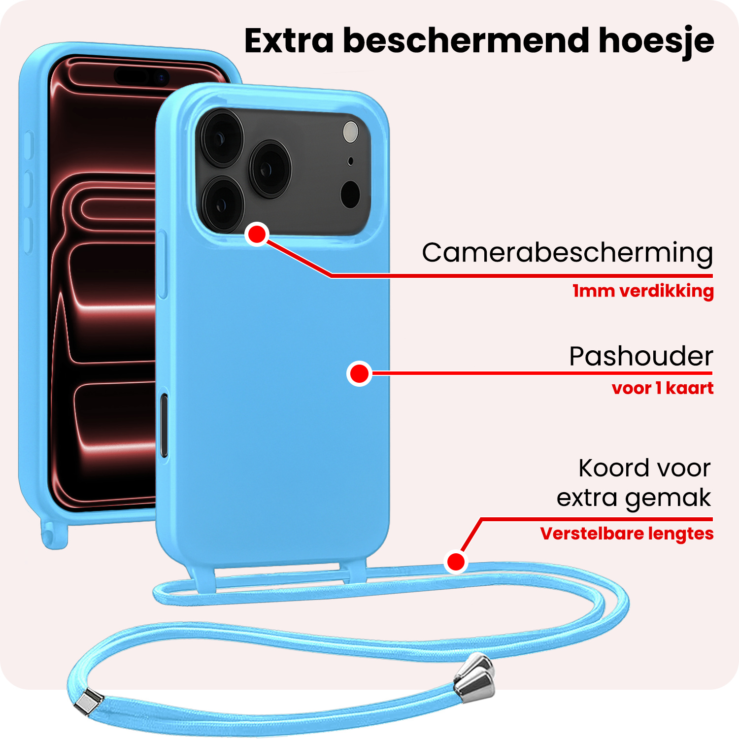 NoXx NoXx iPhone 17 Pro Hoesje met Koord Met Screenprotector - Lichtblauw