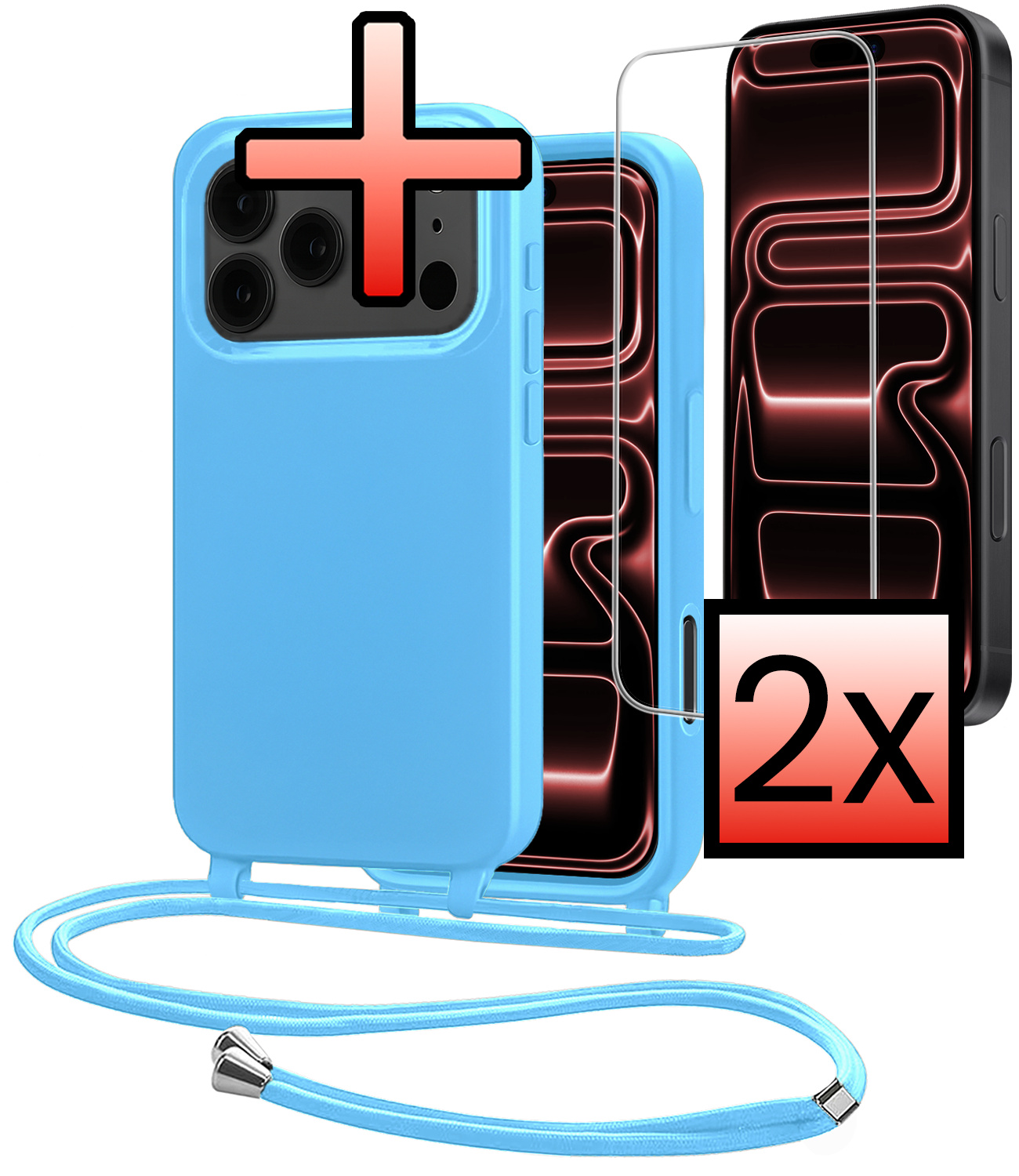 NoXx NoXx iPhone 17 Pro Hoesje met Koord Met 2x Screenprotector - Lichtblauw