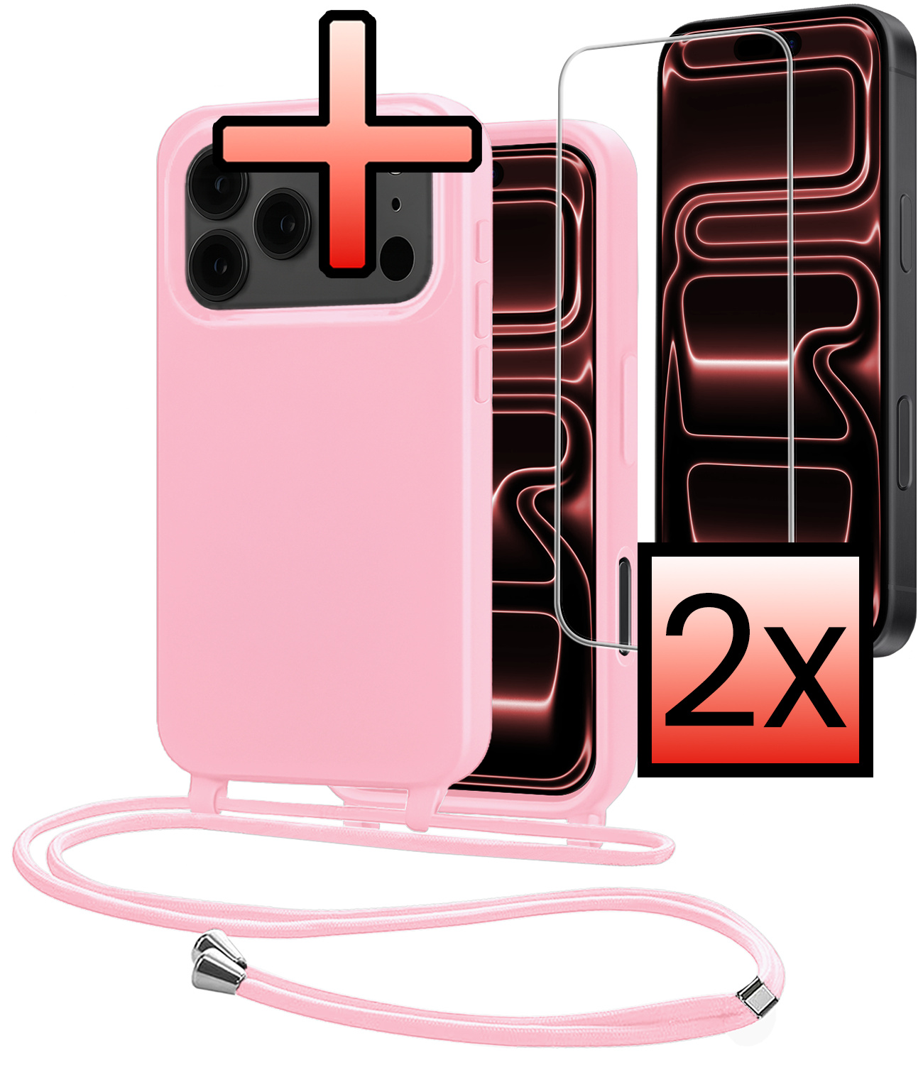 NoXx NoXx iPhone 17 Pro Hoesje met Koord Met 2x Screenprotector - Lichtroze