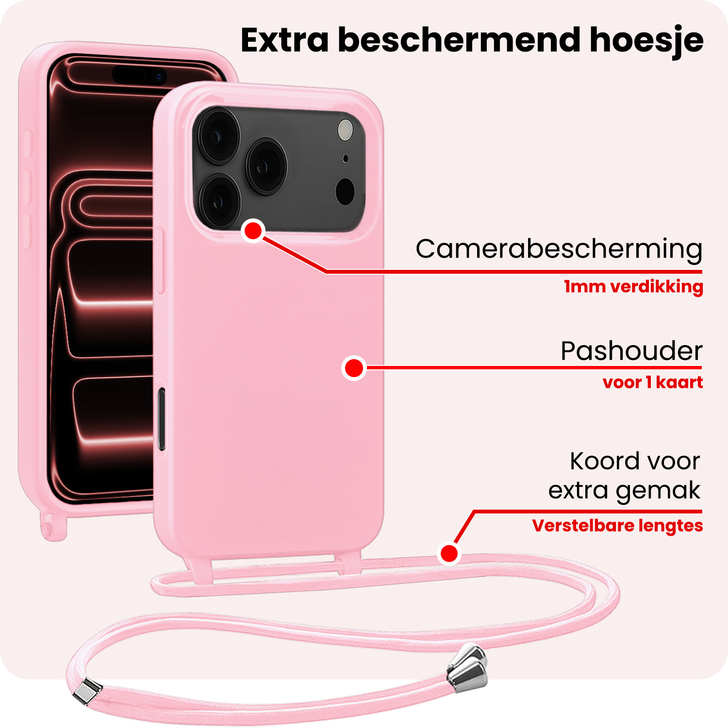NoXx NoXx iPhone 17 Pro Hoesje met Koord Met 2x Screenprotector - Lichtroze