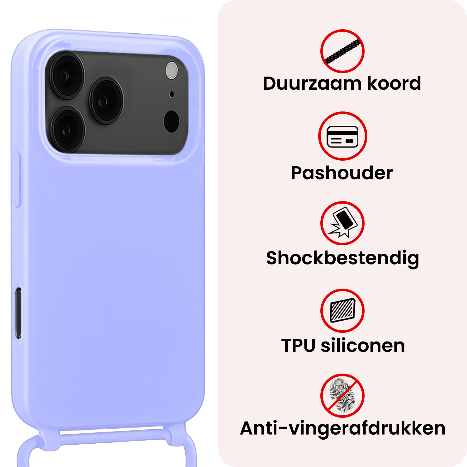 NoXx NoXx iPhone 17 Pro Hoesje met Koord Met 2x Screenprotector - Lila