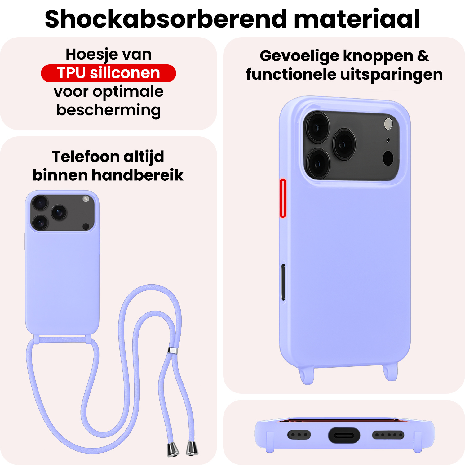 NoXx NoXx iPhone 17 Pro Hoesje met Koord Met 2x Screenprotector - Lila