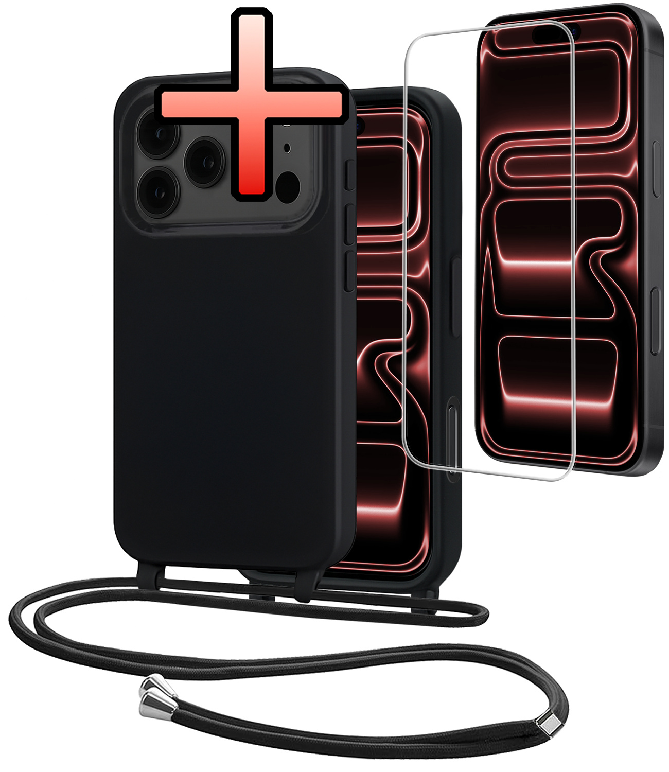 NoXx NoXx iPhone 17 Pro Hoesje met Koord Met Screenprotector - Zwart