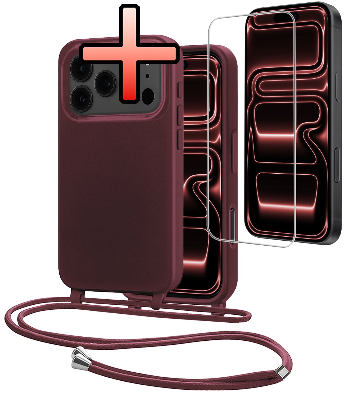 NoXx NoXx iPhone 17 Pro Max Hoesje met Koord Met Screenprotector - Aubergine