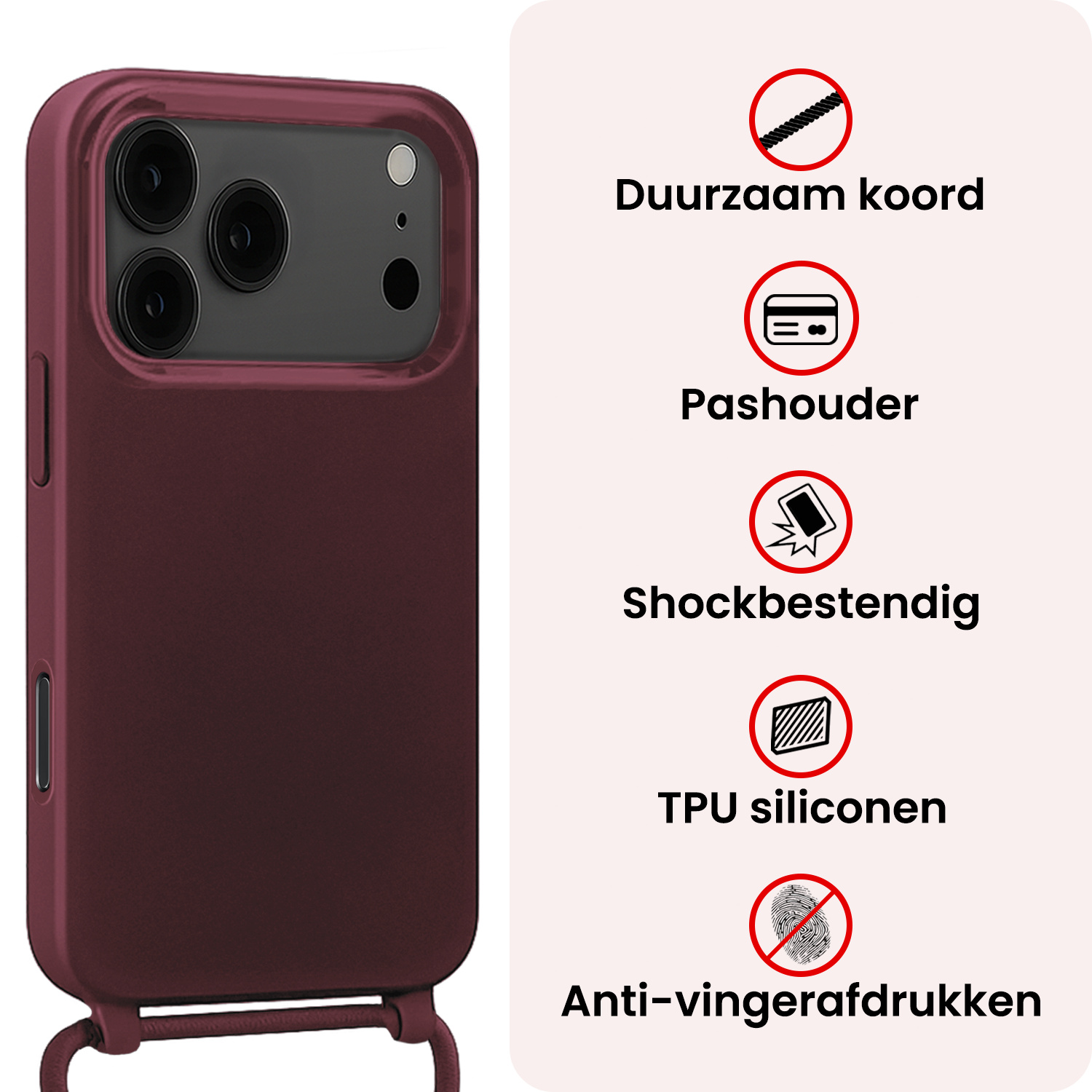 NoXx NoXx iPhone 17 Pro Max Hoesje met Koord Met 2x Screenprotector - Aubergine