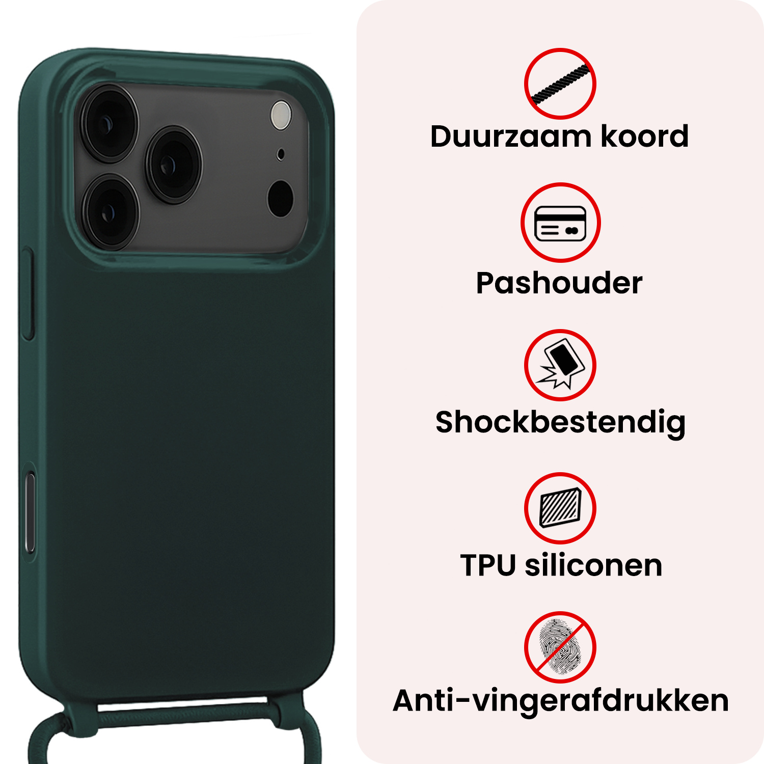 NoXx NoXx iPhone 17 Pro Max Hoesje met Koord Met Screenprotector - Donkergroen