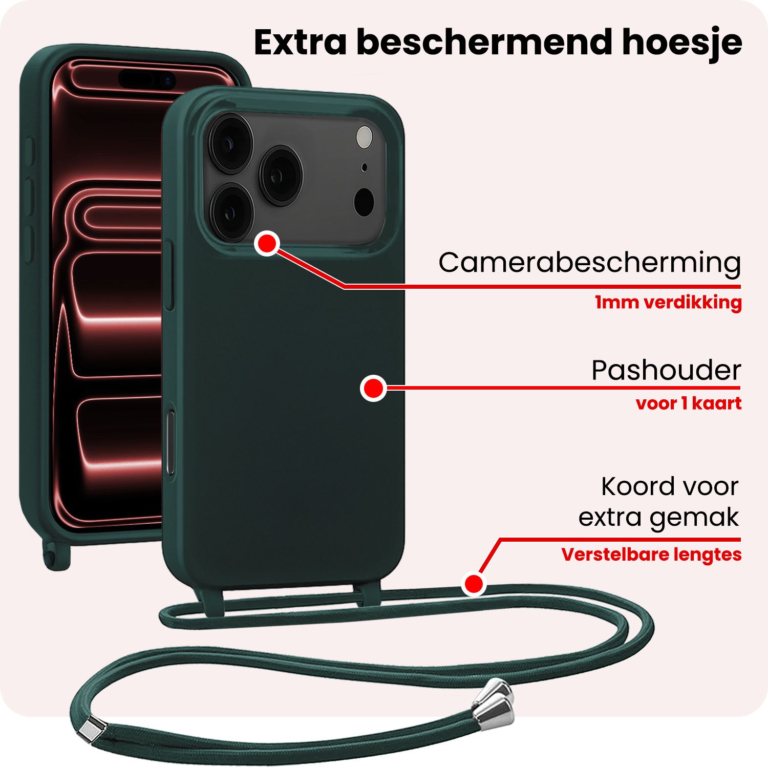NoXx NoXx iPhone 17 Pro Max Hoesje met Koord Met 2x Screenprotector - Donkergroen