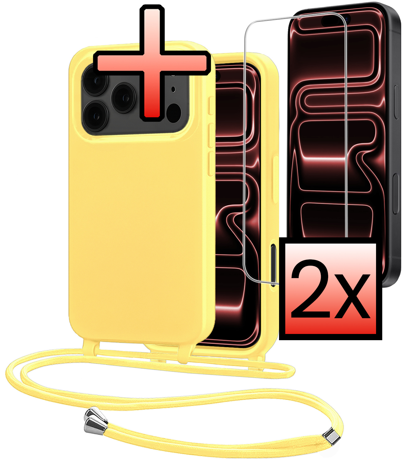 NoXx NoXx iPhone 17 Pro Max Hoesje met Koord Met 2x Screenprotector - Geel