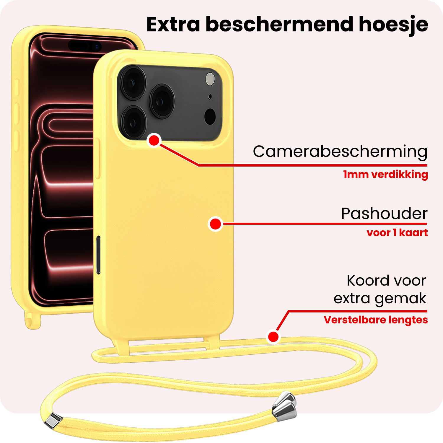NoXx NoXx iPhone 17 Pro Max Hoesje met Koord Met 2x Screenprotector - Geel