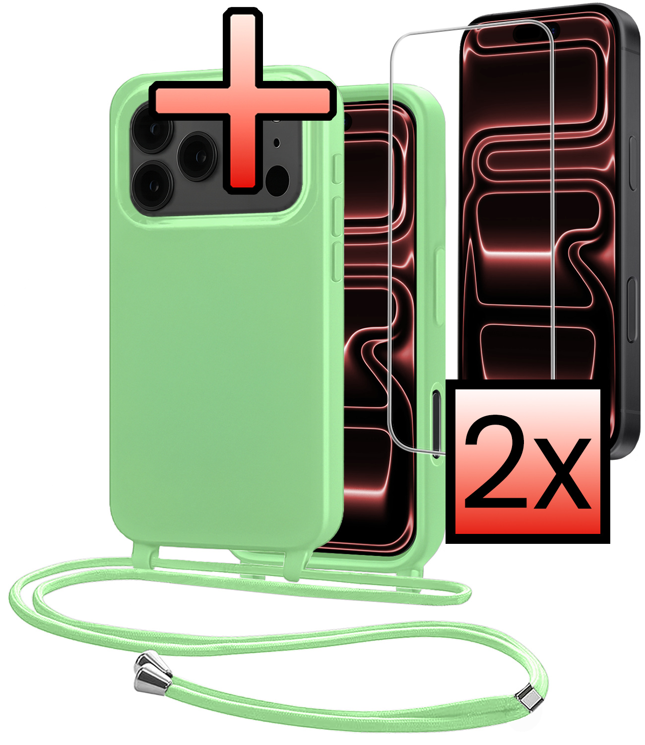 NoXx NoXx iPhone 17 Pro Max Hoesje met Koord Met 2x Screenprotector - Groen