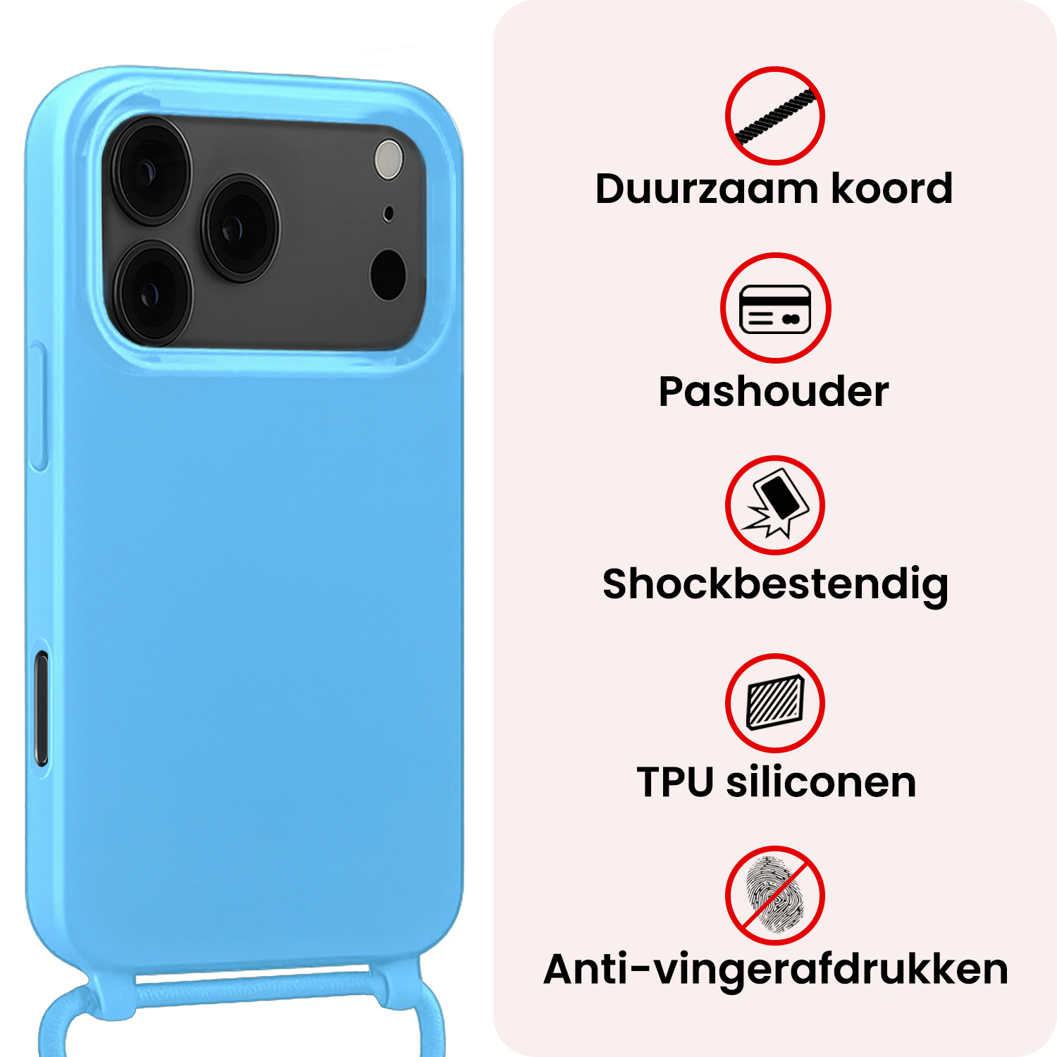 NoXx NoXx iPhone 17 Pro Max Hoesje met Koord Met Screenprotector - Lichtblauw