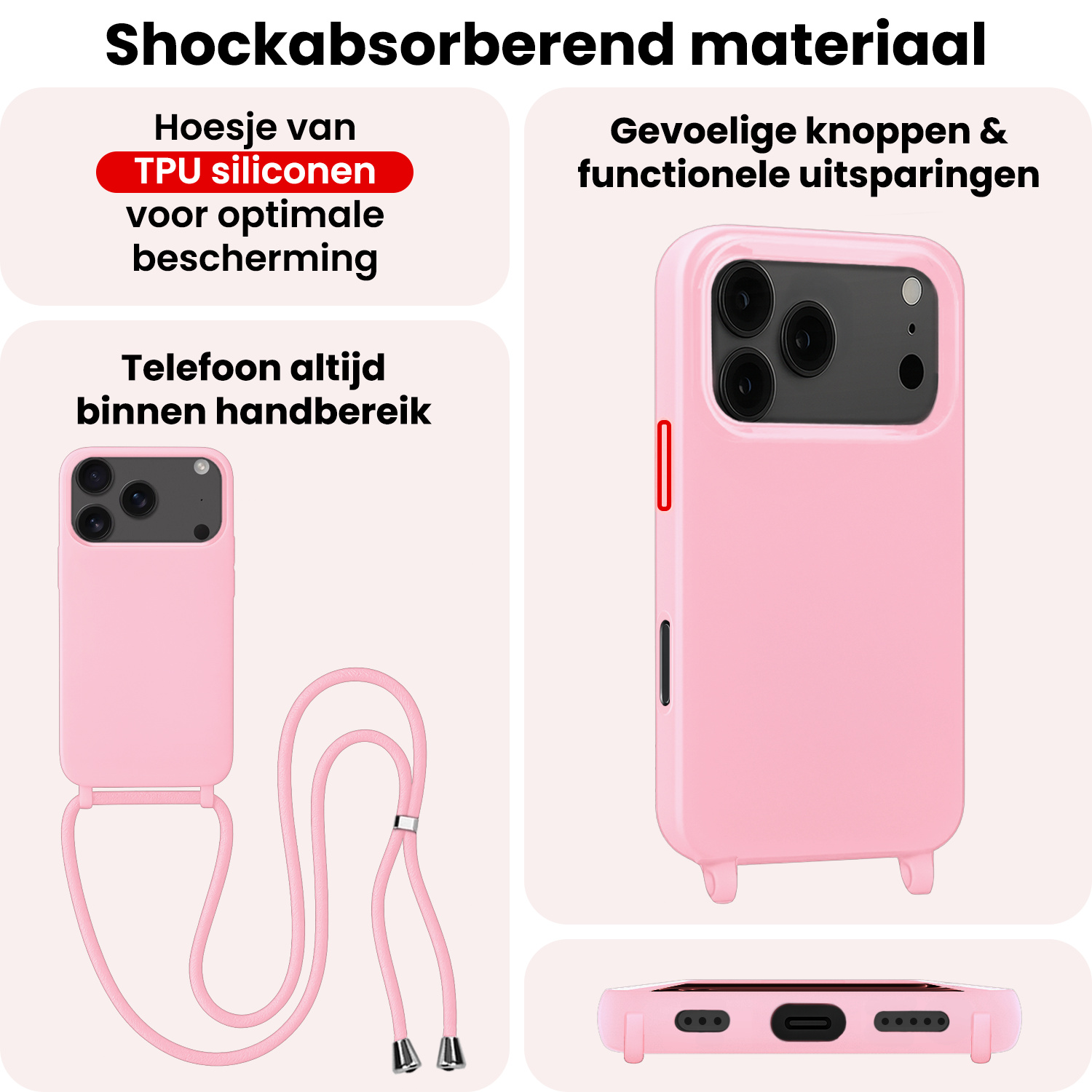 NoXx NoXx iPhone 17 Pro Max Hoesje met Koord - Lichtroze
