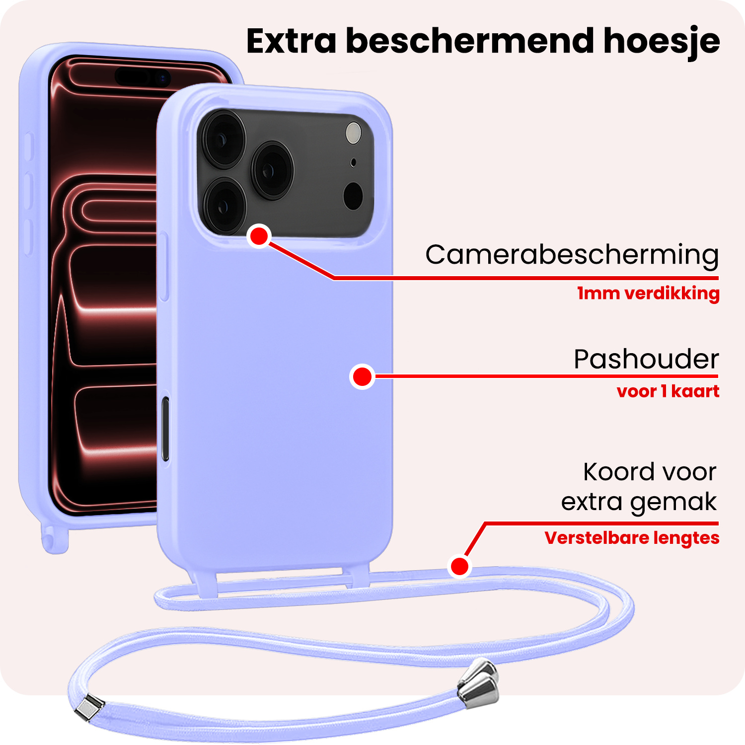 NoXx NoXx iPhone 17 Pro Max Hoesje met Koord Met 2x Screenprotector - Lila