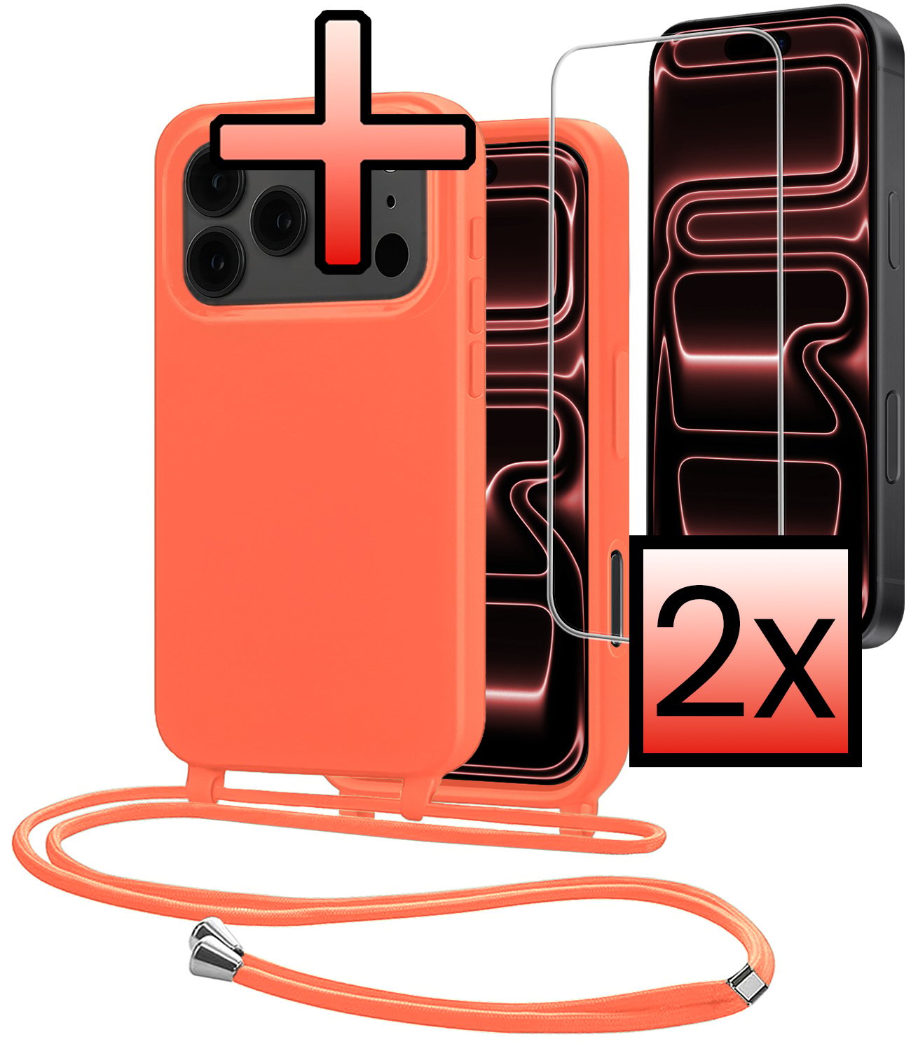 NoXx NoXx iPhone 17 Pro Max Hoesje met Koord Met 2x Screenprotector - Papaya