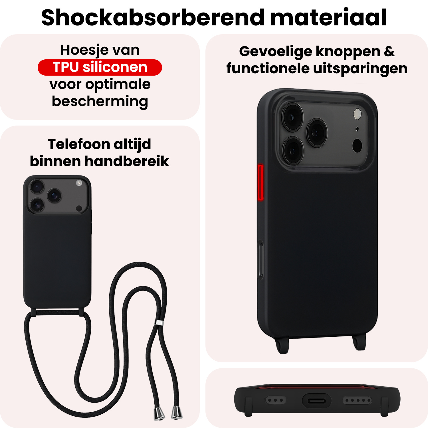 NoXx NoXx iPhone 17 Pro Max Hoesje met Koord Met 2x Screenprotector - Zwart