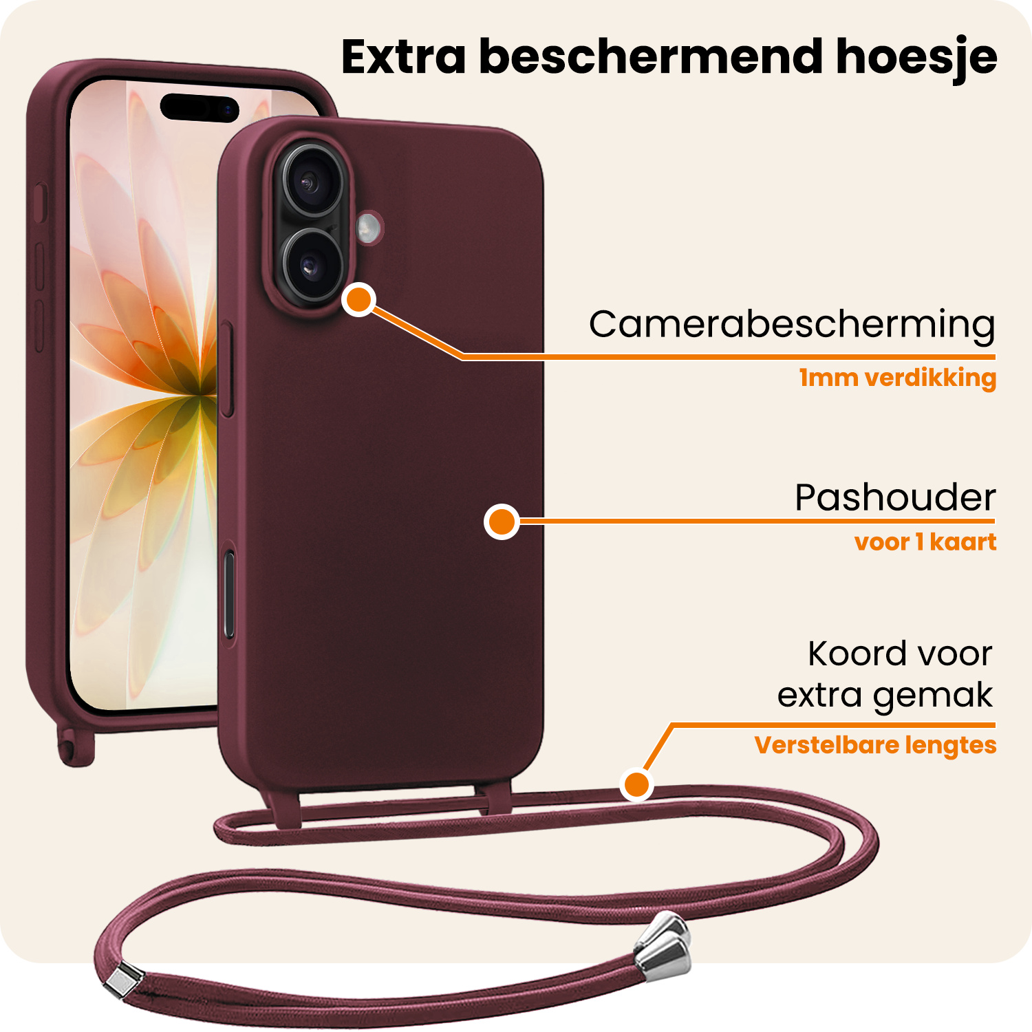 Nomfy Nomfy iPhone 17 Hoesje met Koord Met Screenprotector - Aubergine