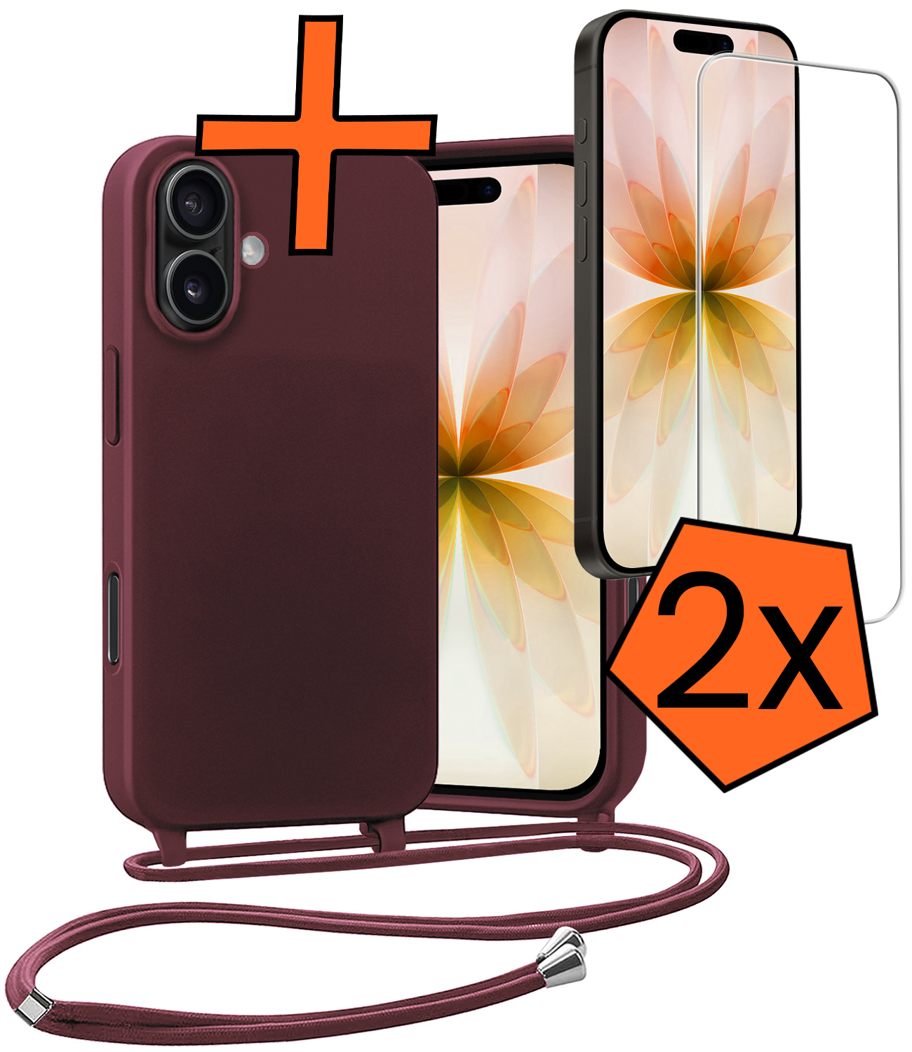 Nomfy Nomfy iPhone 17 Hoesje met Koord Met 2x Screenprotector - Aubergine
