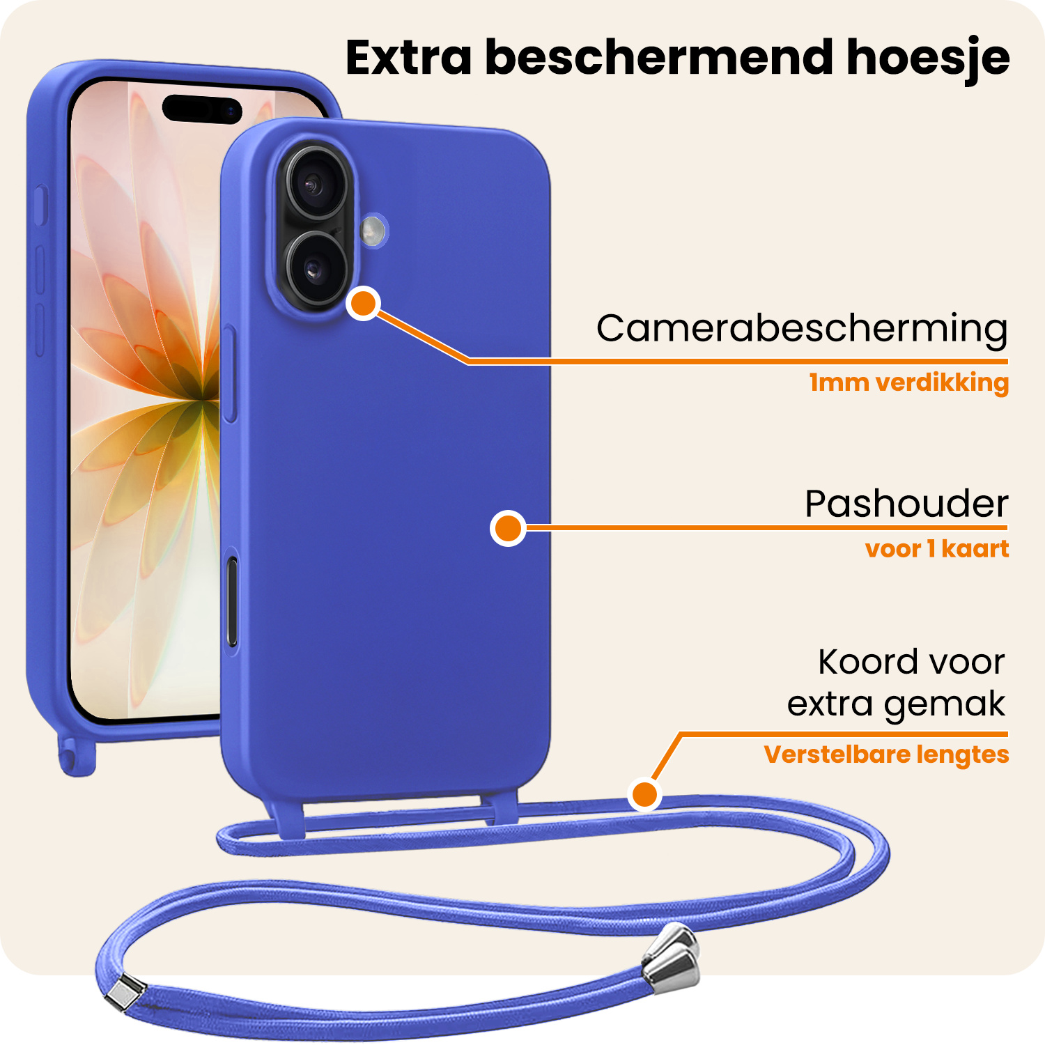 Nomfy Nomfy iPhone 17 Hoesje met Koord - Fel Blauw
