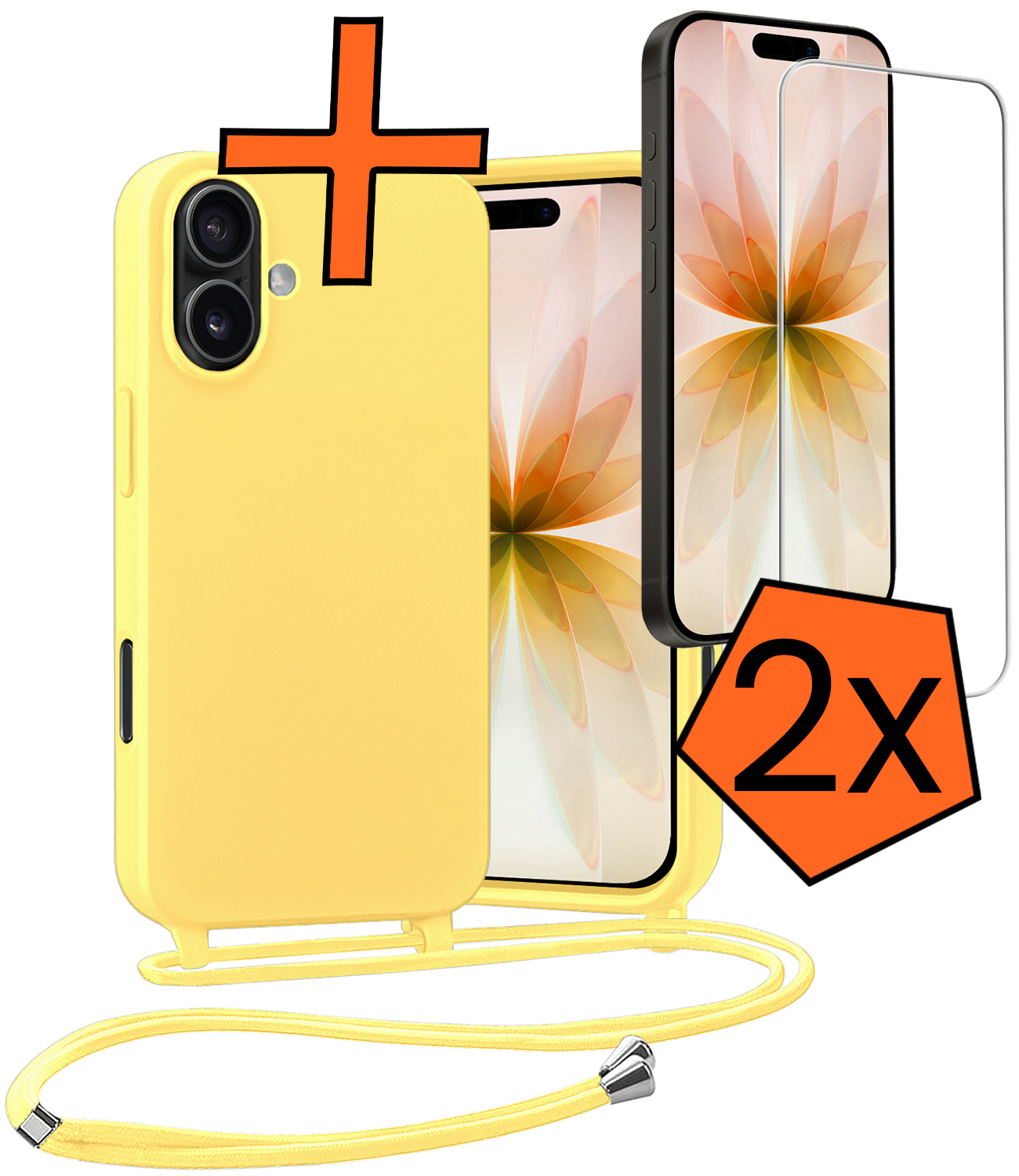 Nomfy Nomfy iPhone 17 Hoesje met Koord Met 2x Screenprotector - Geel