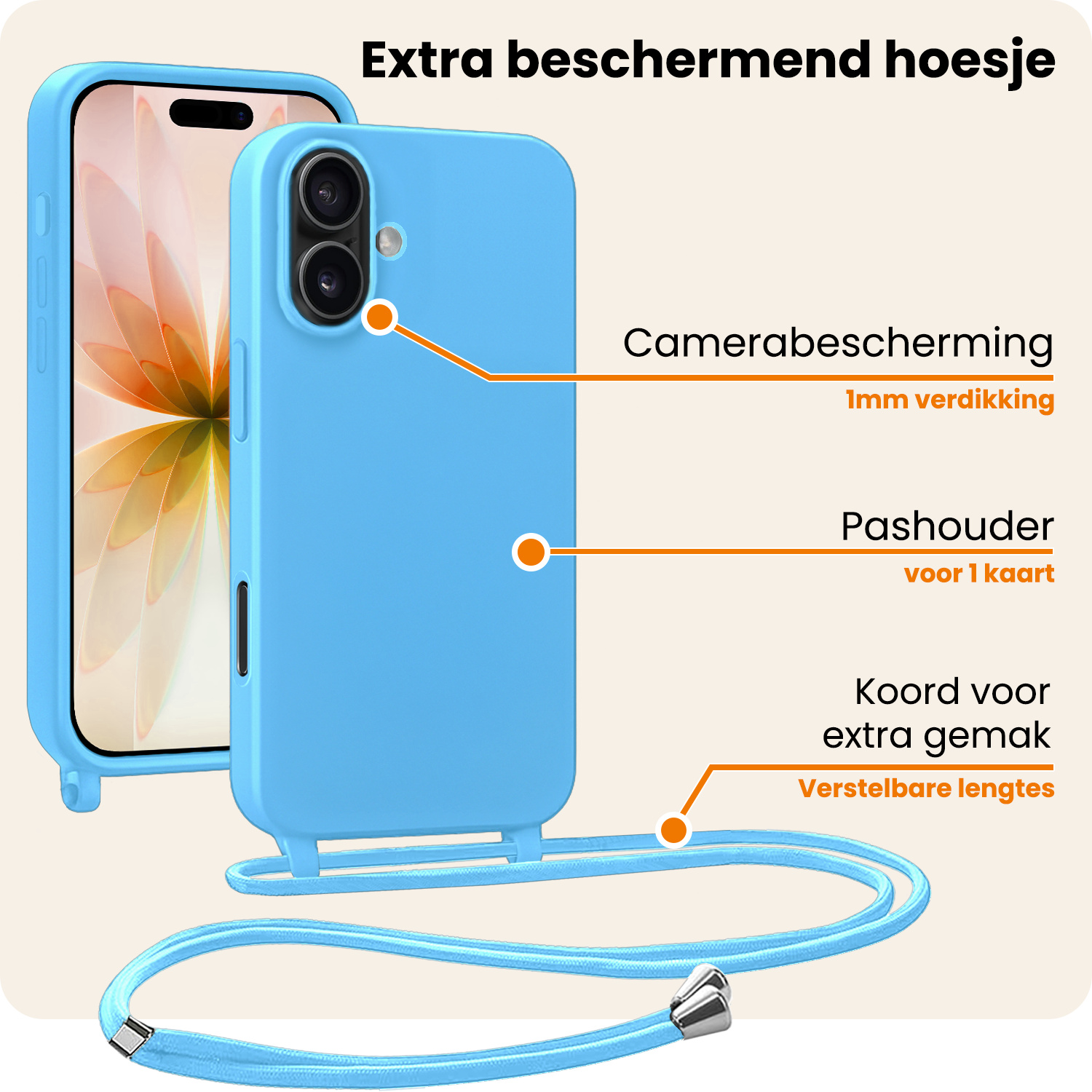 Nomfy Nomfy iPhone 17 Hoesje met Koord - Lichtblauw
