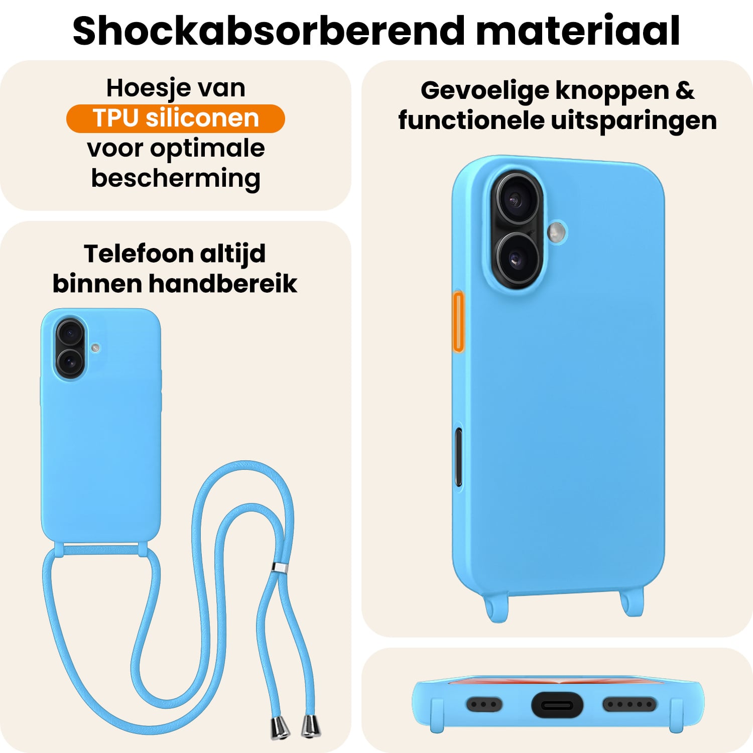 Nomfy Nomfy iPhone 17 Hoesje met Koord Met 2x Screenprotector - Lichtblauw