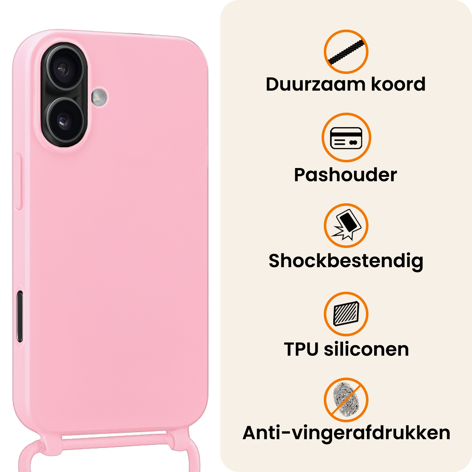 Nomfy Nomfy iPhone 17 Hoesje met Koord Met Screenprotector - Lichtroze