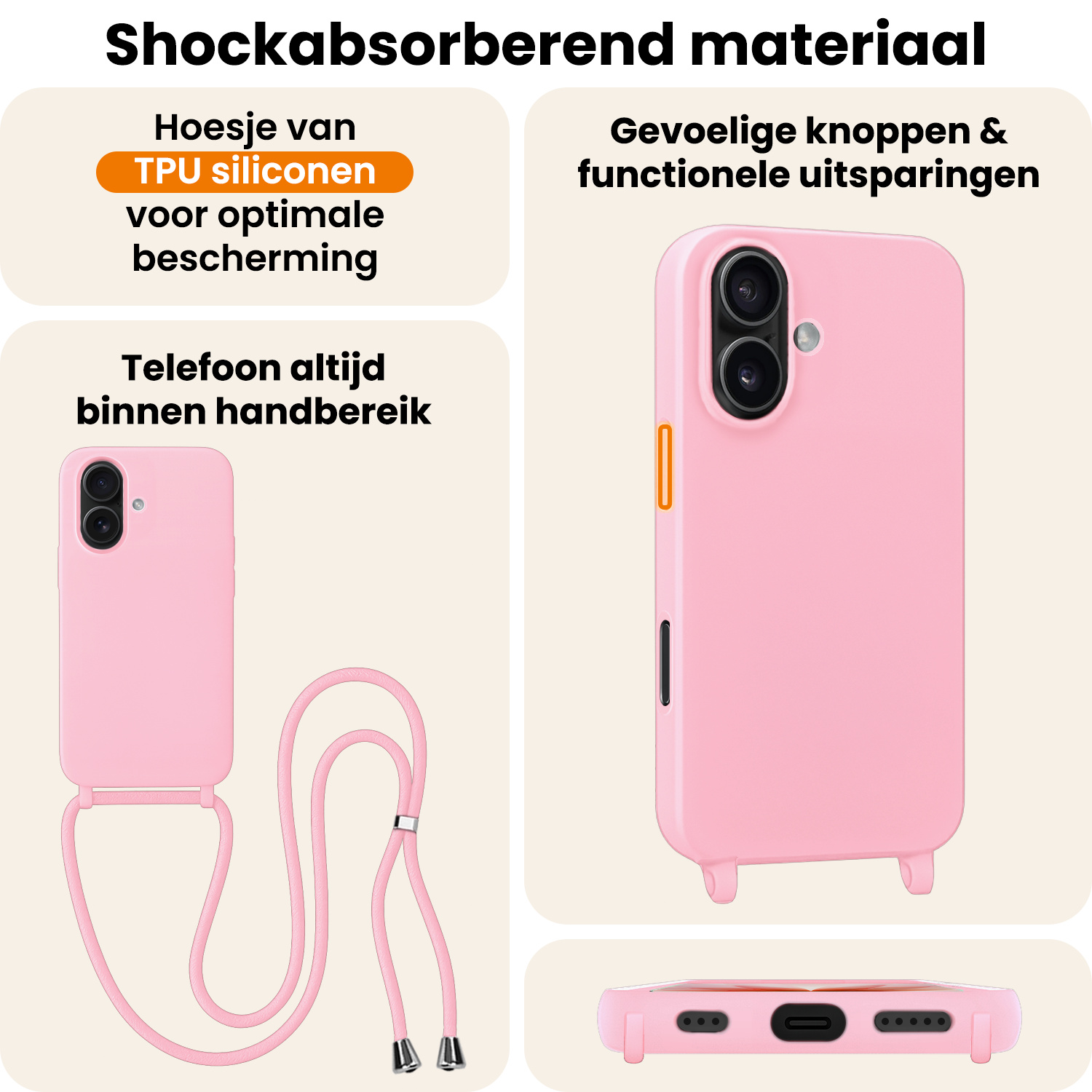Nomfy Nomfy iPhone 17 Hoesje met Koord Met Screenprotector - Lichtroze