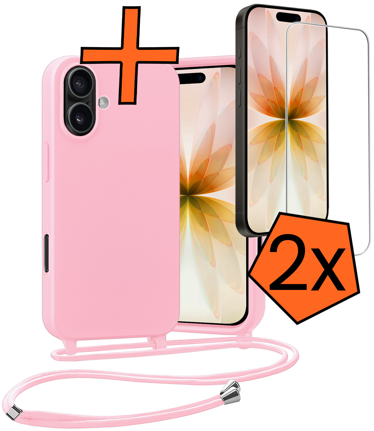 Nomfy Nomfy iPhone 17 Hoesje met Koord Met 2x Screenprotector - Lichtroze