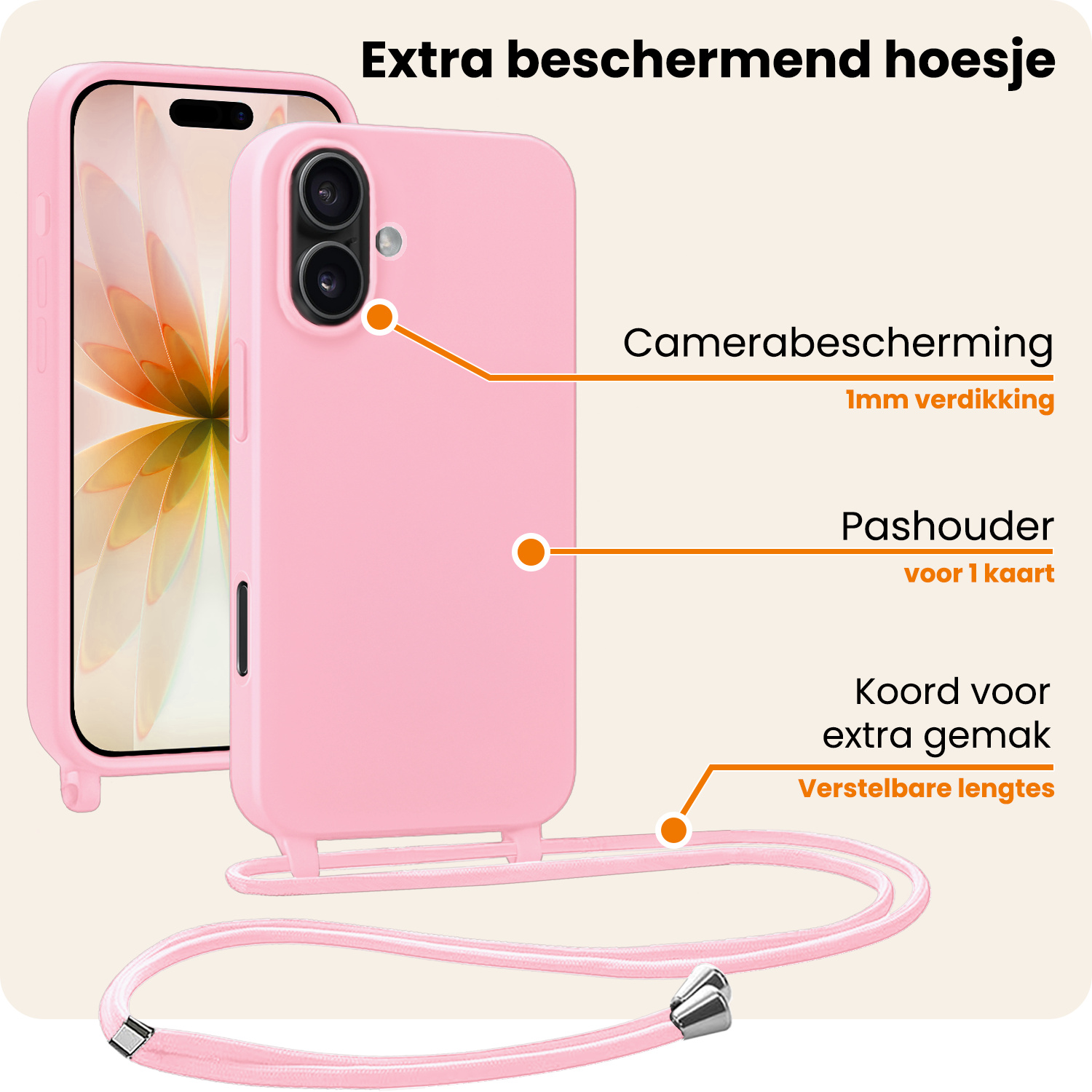 Nomfy Nomfy iPhone 17 Hoesje met Koord Met 2x Screenprotector - Lichtroze