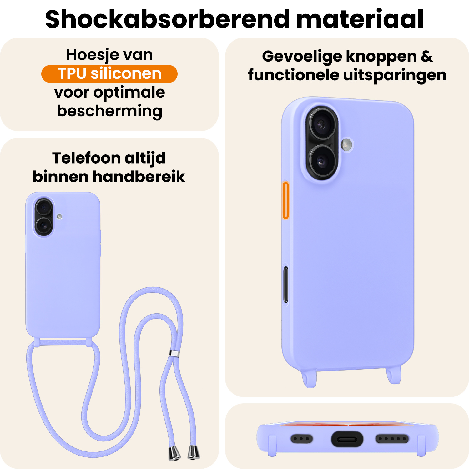 Nomfy Nomfy iPhone 17 Hoesje met Koord Met Screenprotector - Lila