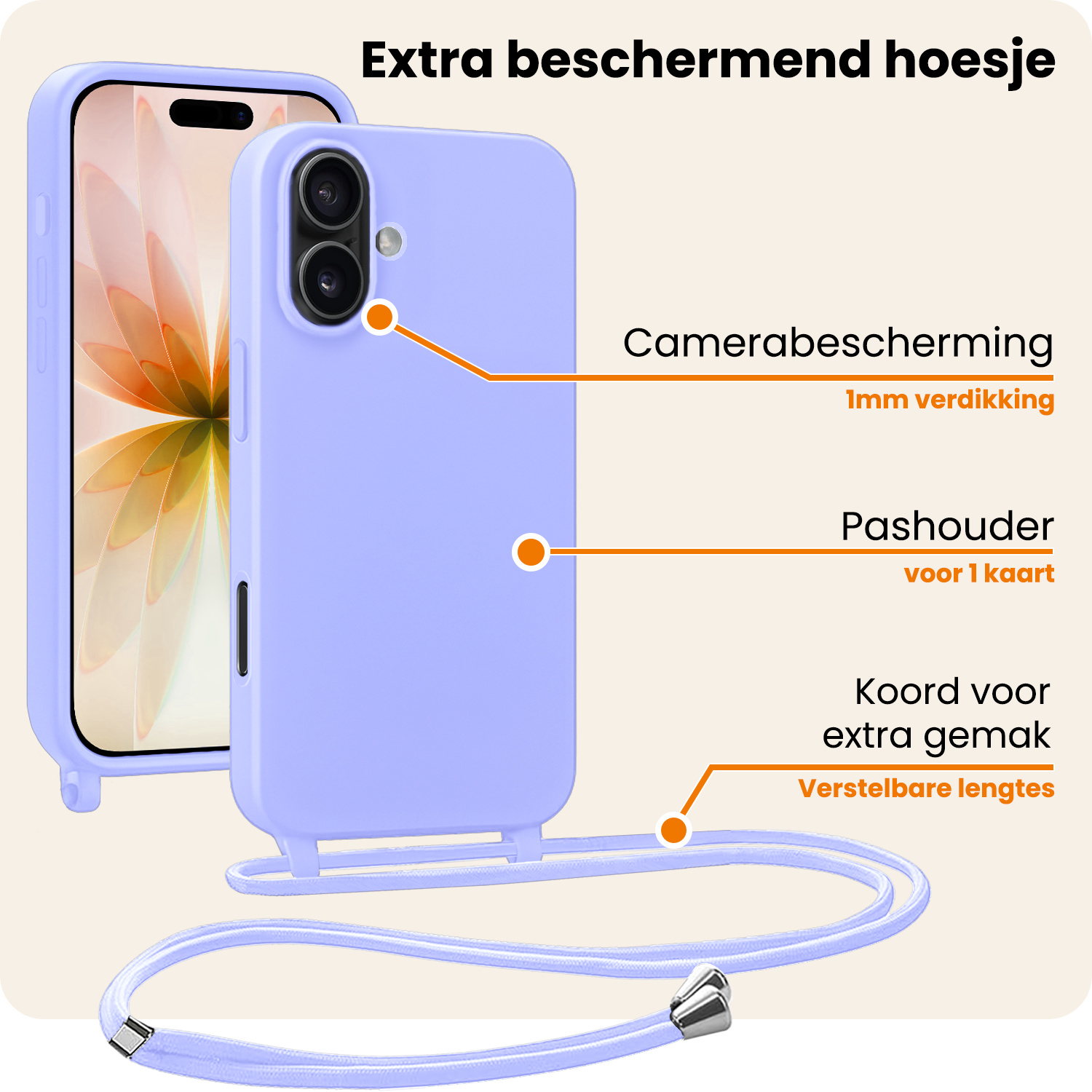 Nomfy Nomfy iPhone 17 Hoesje met Koord Met 2x Screenprotector - Lila