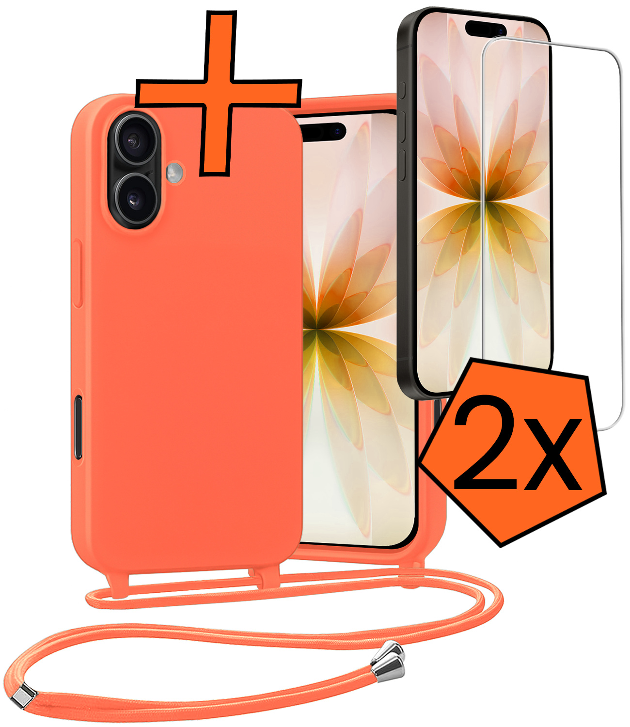 Nomfy Nomfy iPhone 17 Hoesje met Koord Met 2x Screenprotector - Papaya