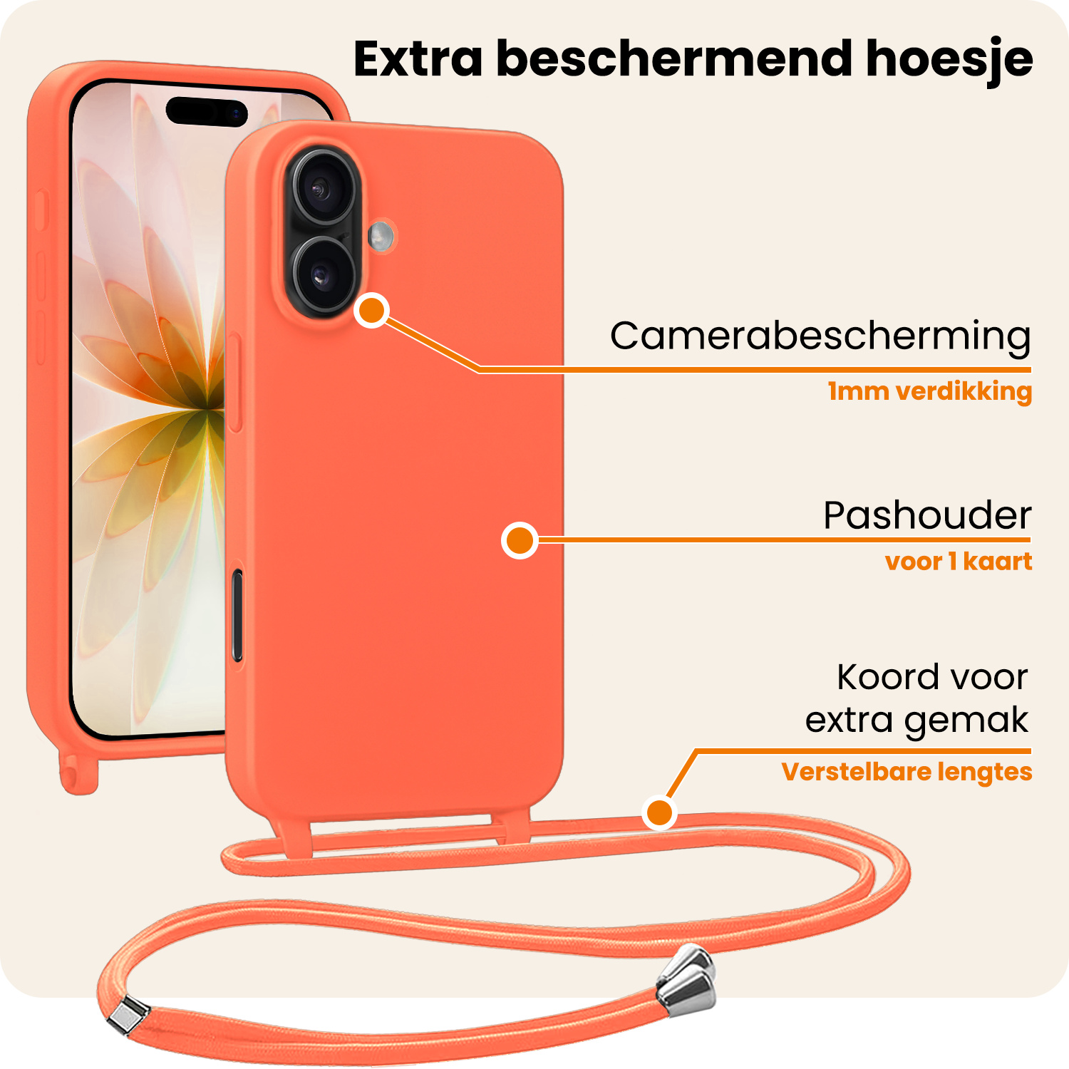 Nomfy Nomfy iPhone 17 Hoesje met Koord Met 2x Screenprotector - Papaya