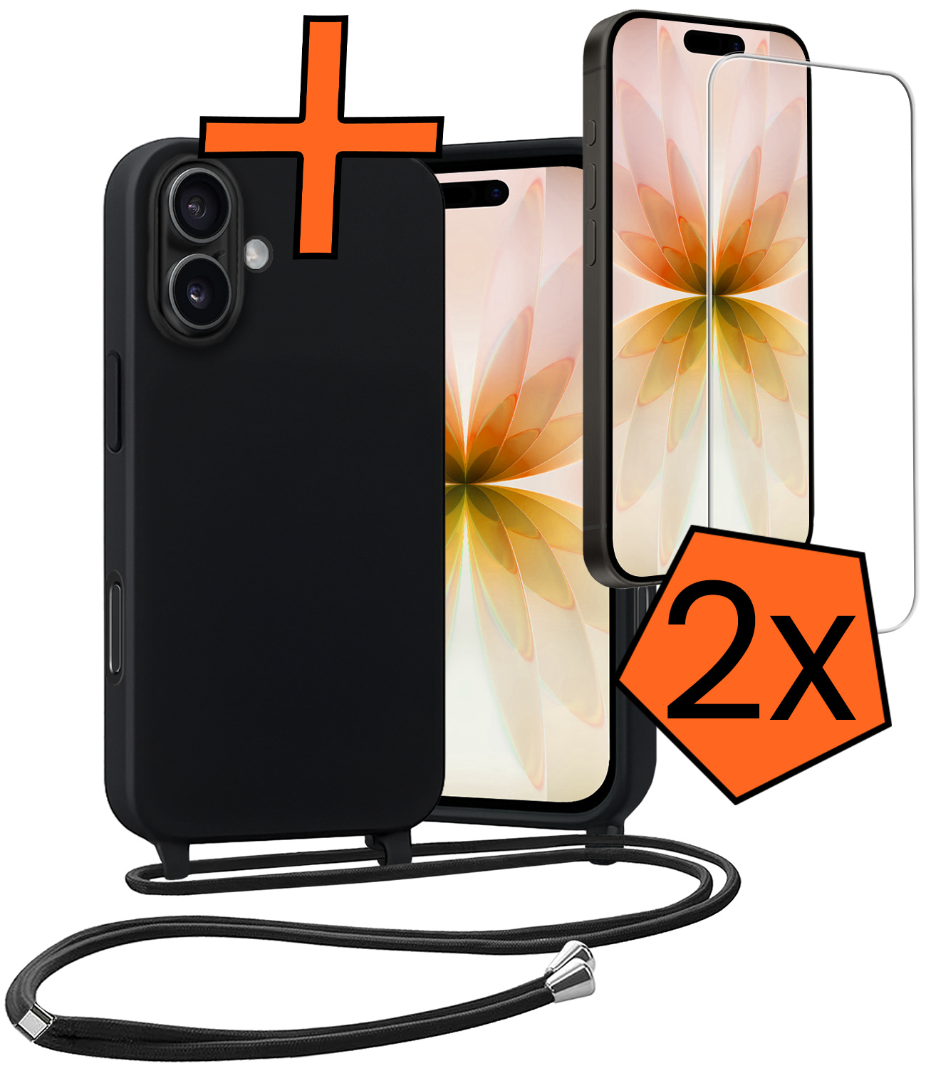 Nomfy Nomfy iPhone 17 Hoesje met Koord Met 2x Screenprotector - Zwart