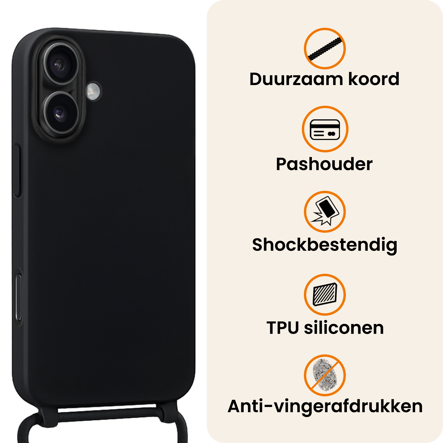 Nomfy Nomfy iPhone 17 Hoesje met Koord Met 2x Screenprotector - Zwart