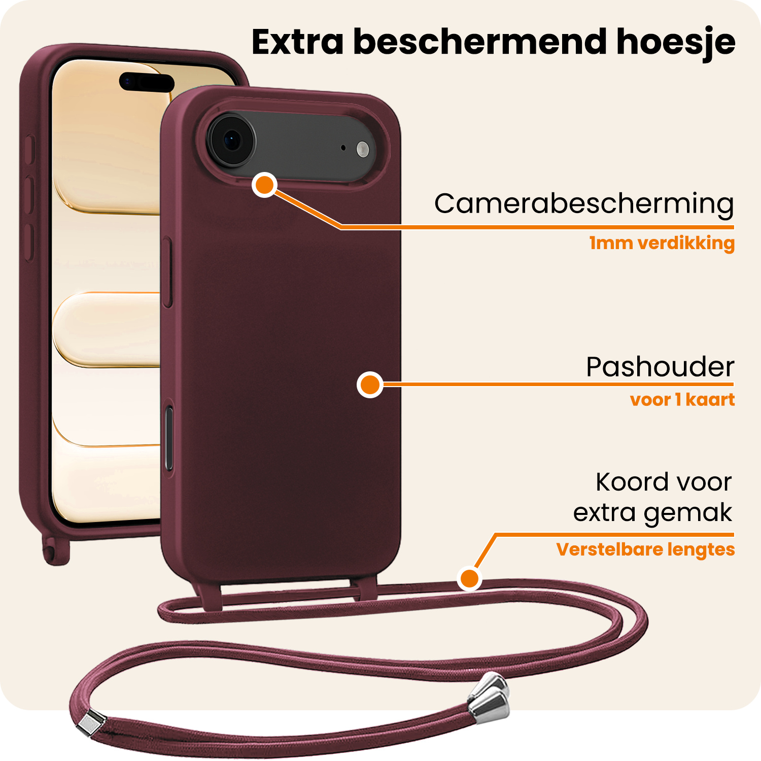 Nomfy Nomfy iPhone Air Hoesje met Koord Met Screenprotector - Aubergine