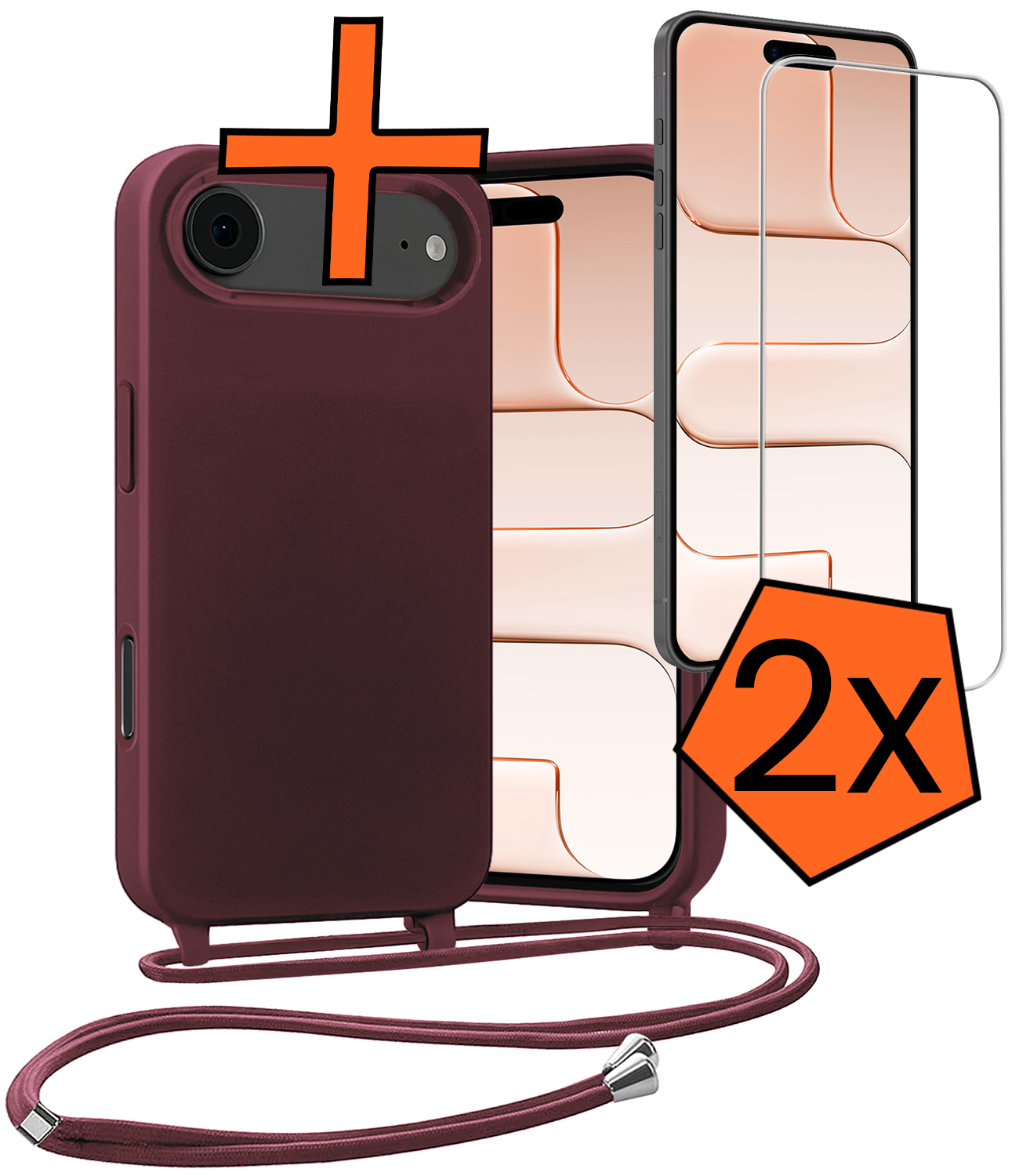 Nomfy Nomfy iPhone Air Hoesje met Koord Met 2x Screenprotector - Aubergine